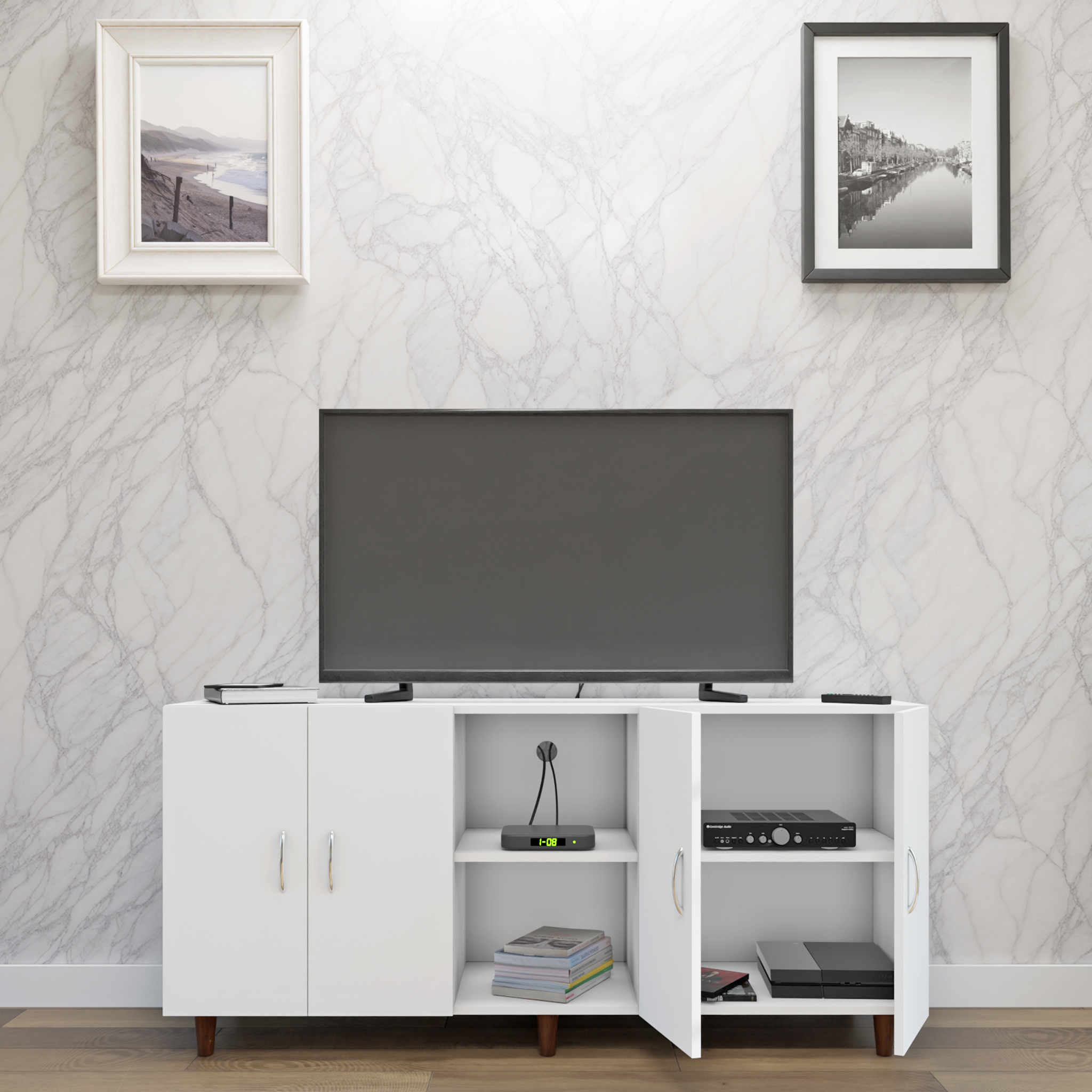 TV Unit | 4 Doors, Open Shelves | Single Color TV & Entertainment Unit VIKI FURNITURE