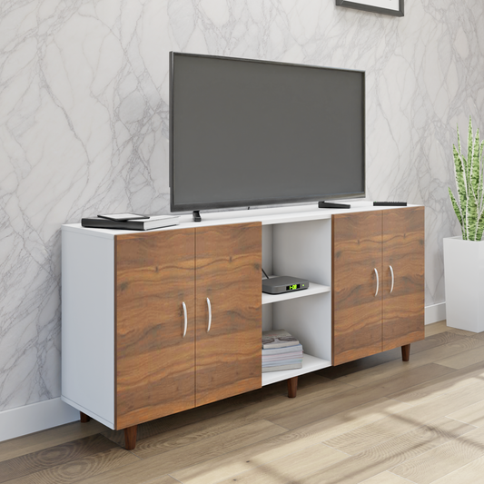 TV Unit | 4 Doors, Open Shelves | Dual Color TV & Entertainment Unit VIKI FURNITURE Frosty White with Brussel Walnut