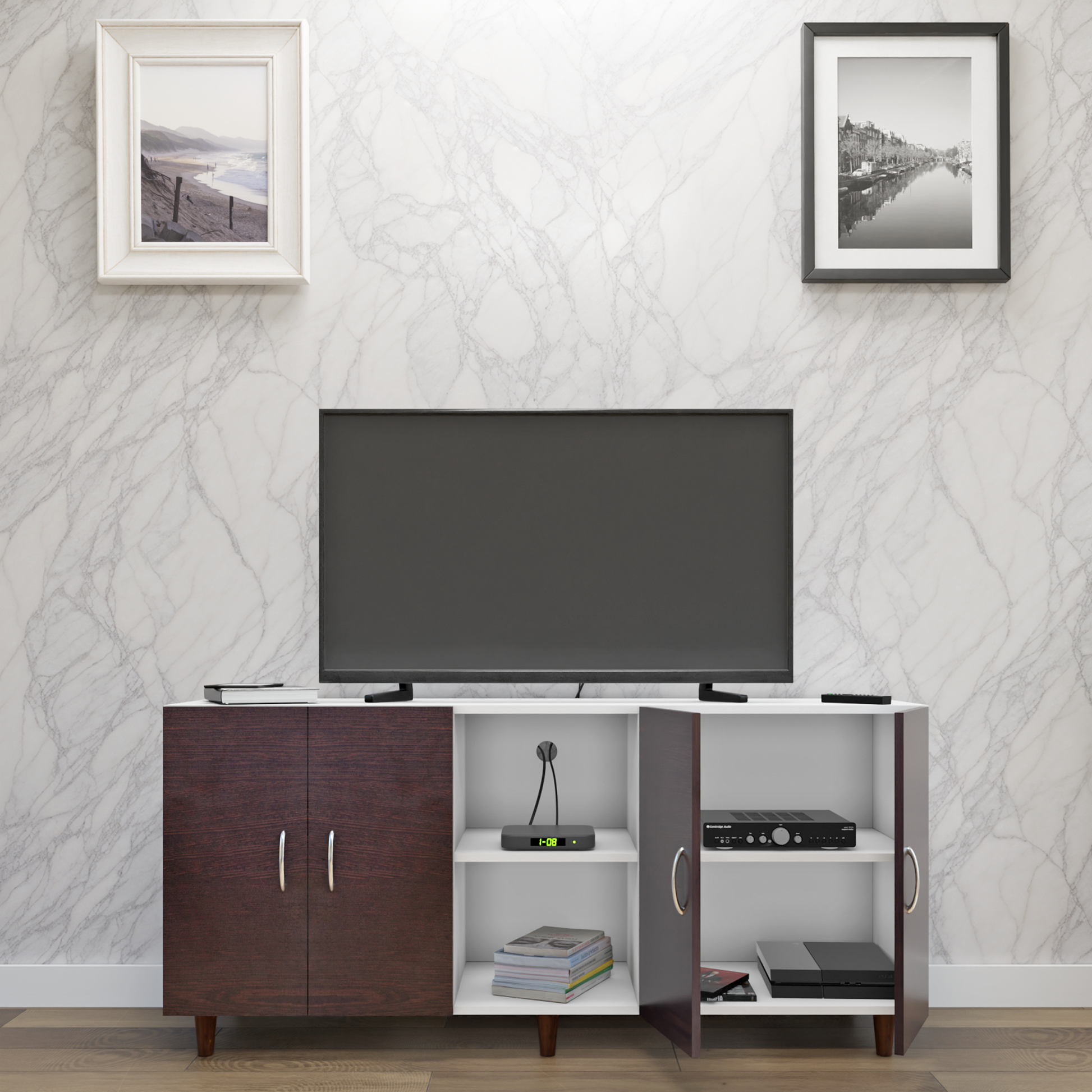 TV Unit | 4 Doors, Open Shelves | Dual Color TV & Entertainment Unit VIKI FURNITURE