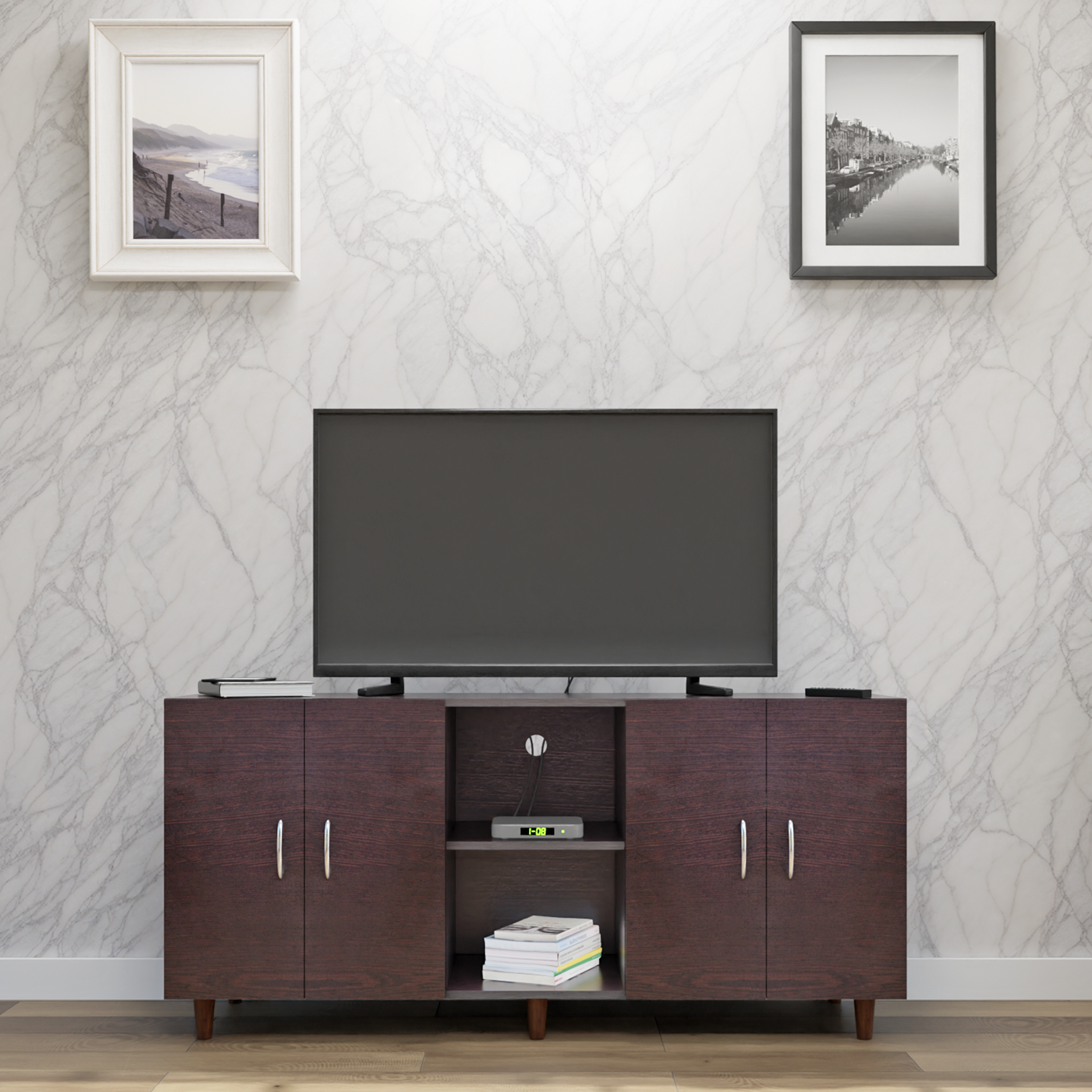 TV Unit | 4 Doors, Open Shelves | Single Color TV & Entertainment Unit VIKI FURNITURE