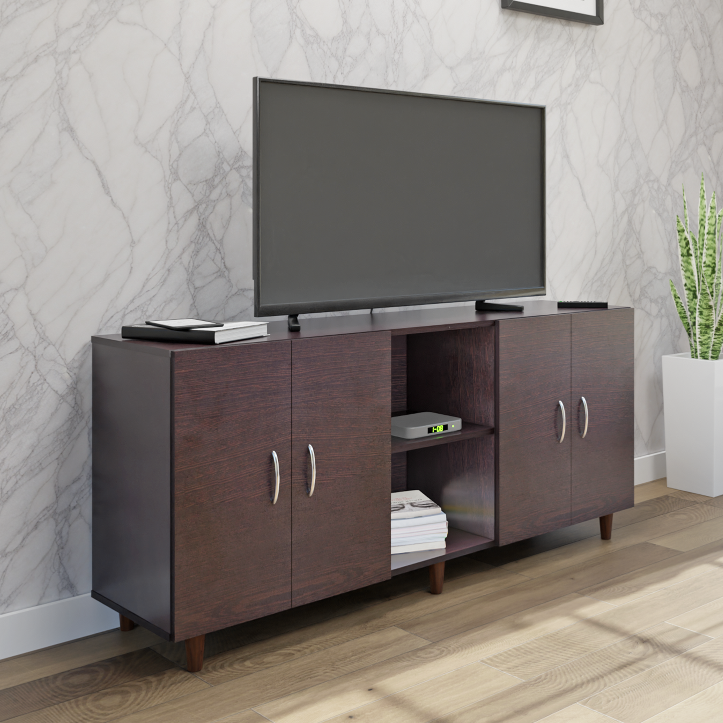 TV Unit | 4 Doors, Open Shelves | Single Color TV & Entertainment Unit VIKI FURNITURE Dark Wenge