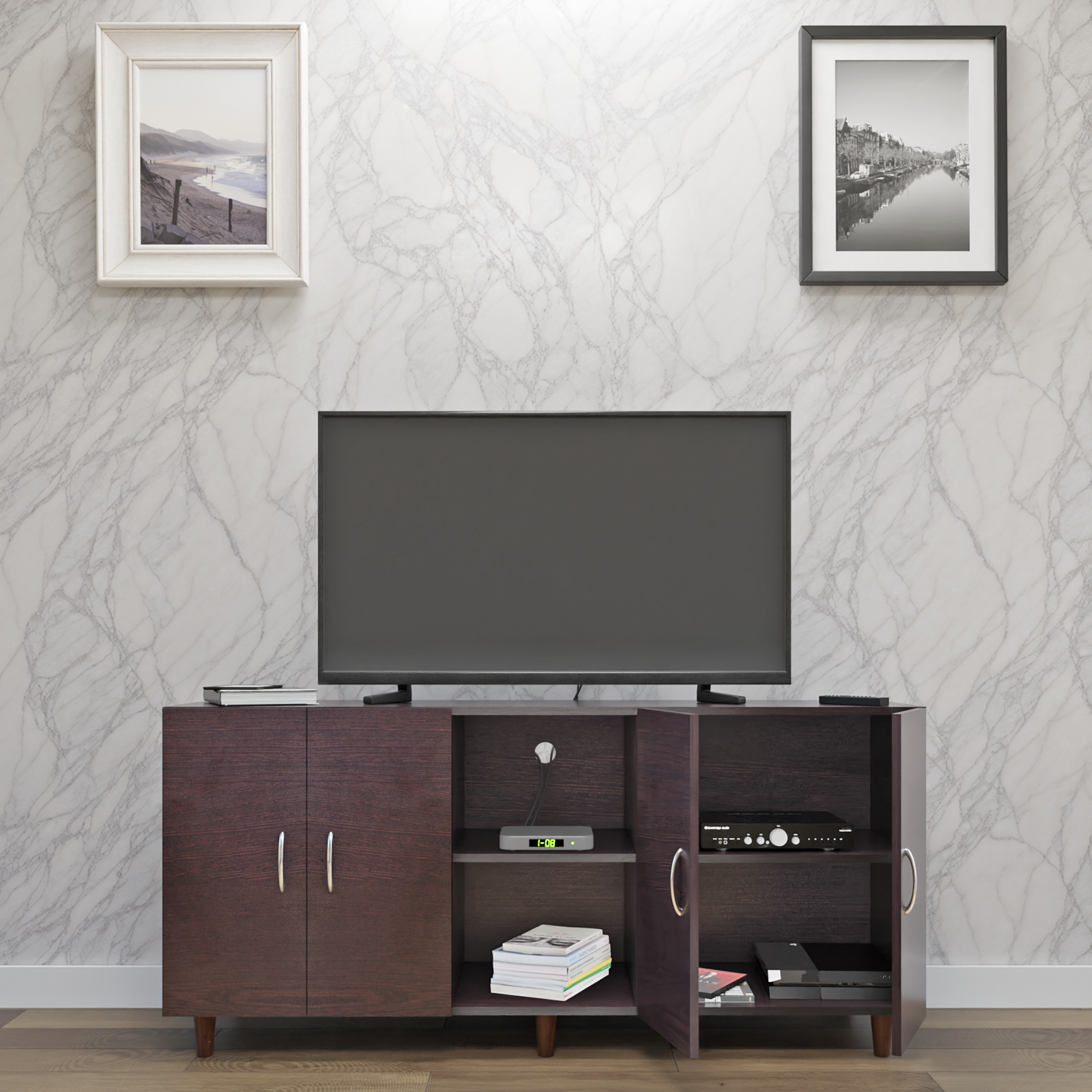 TV Unit | 4 Doors, Open Shelves | Single Color TV & Entertainment Unit VIKI FURNITURE