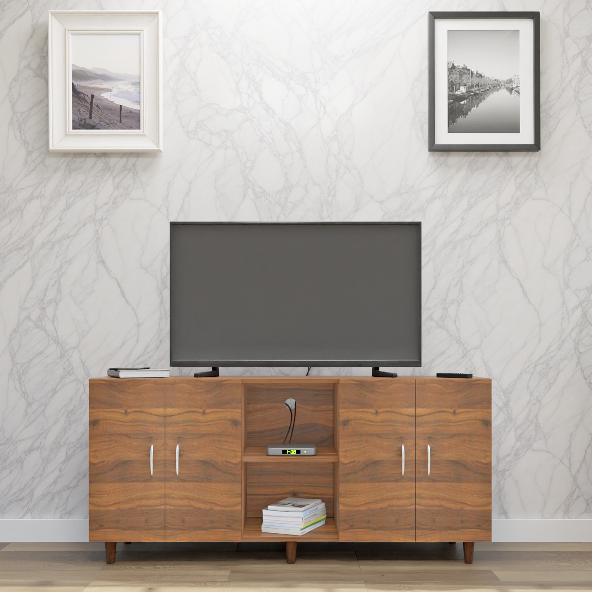 TV Unit | 4 Doors, Open Shelves | Single Color TV & Entertainment Unit VIKI FURNITURE