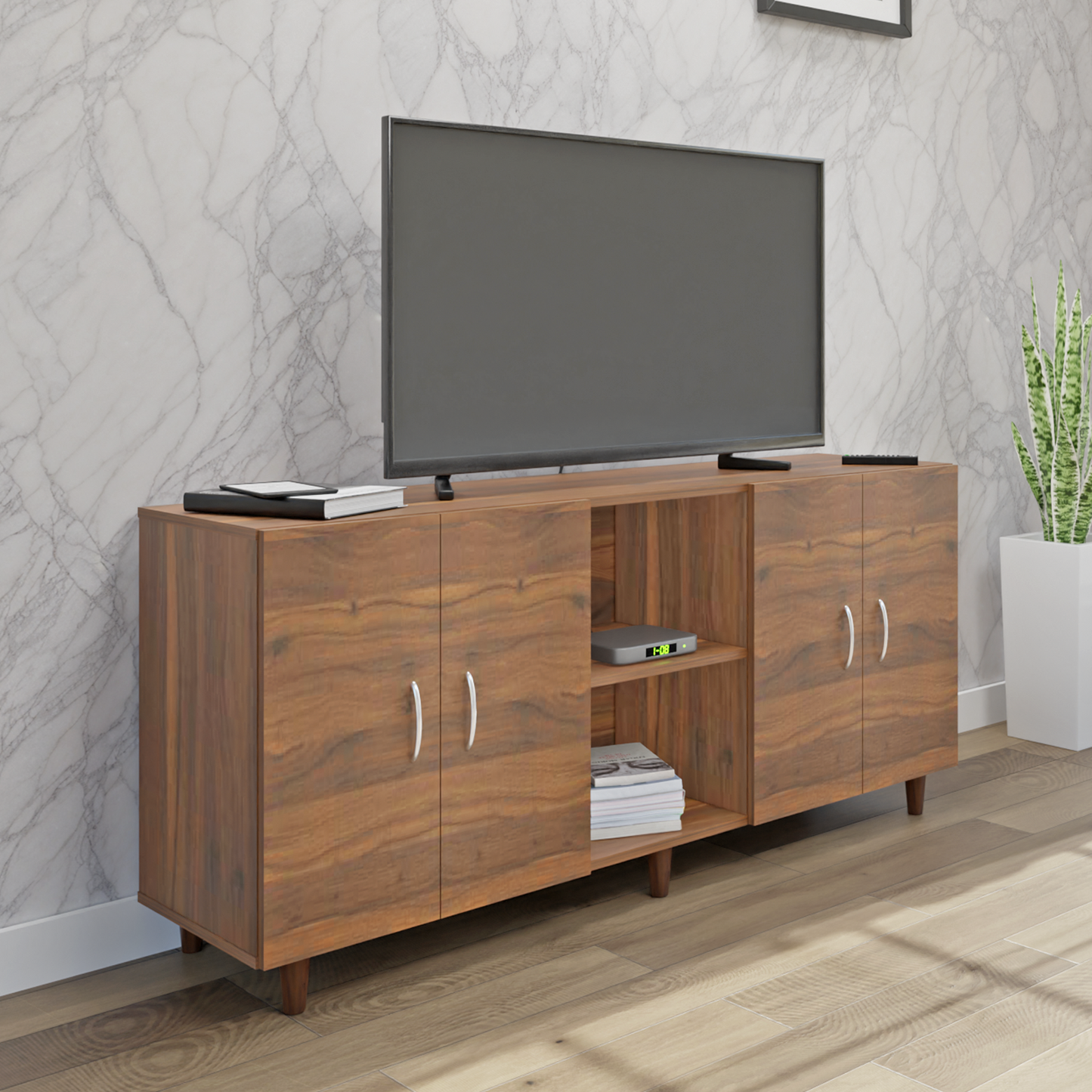 TV Unit | 4 Doors, Open Shelves | Single Color TV & Entertainment Unit VIKI FURNITURE Brussel Walnut