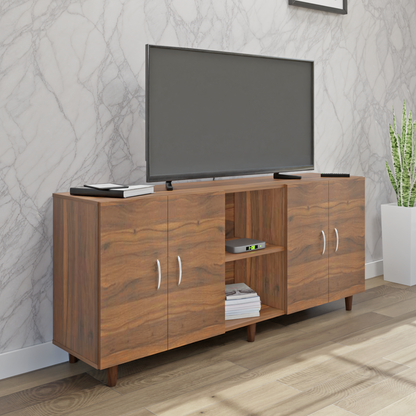 TV Unit | 4 Doors, Open Shelves | Single Color TV & Entertainment Unit VIKI FURNITURE Brussel Walnut