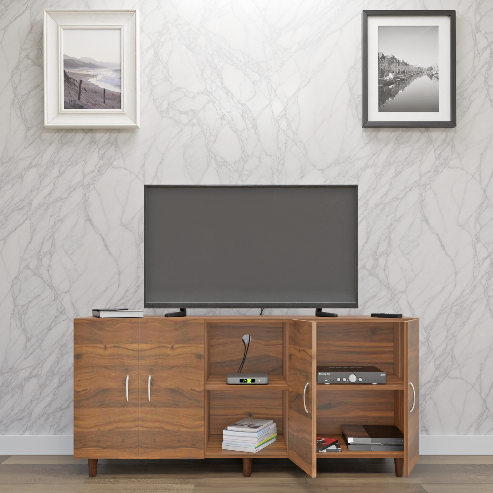 TV Unit | 4 Doors, Open Shelves | Single Color TV & Entertainment Unit VIKI FURNITURE
