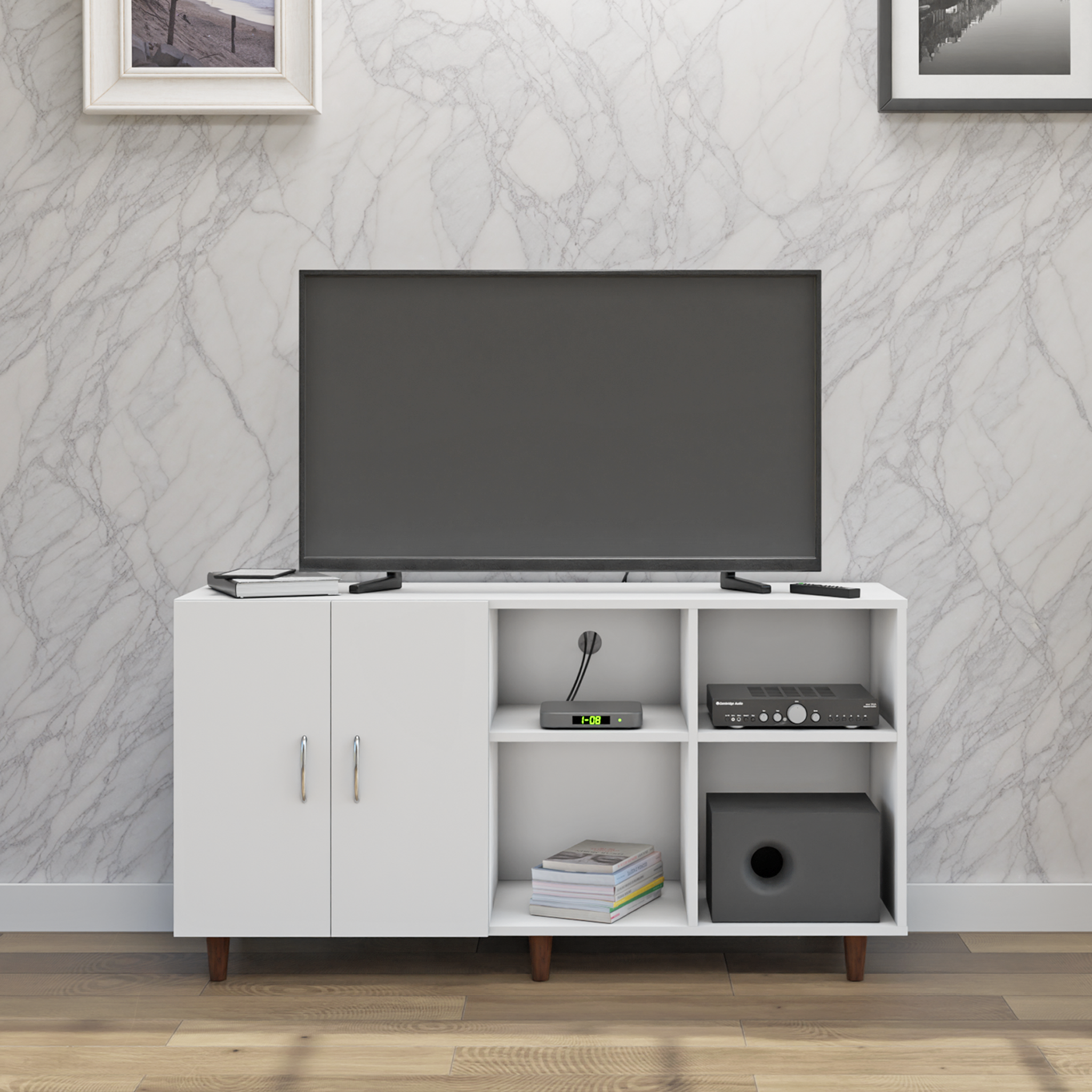 TV Unit | 2 Door, Open Shelves | Single Color TV & Entertainment Unit VIKI FURNITURE