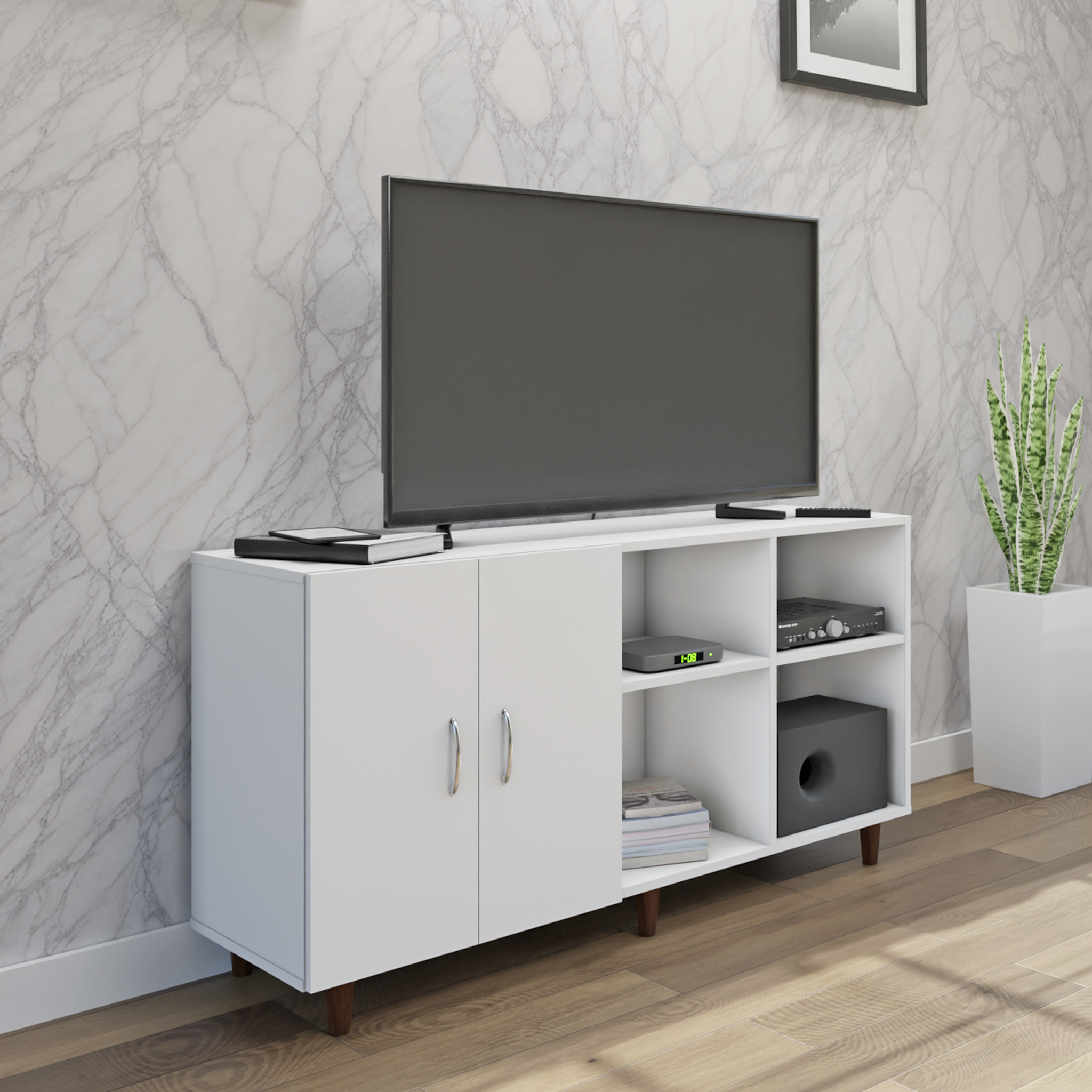 TV Unit | 2 Door, Open Shelves | Single Color TV & Entertainment Unit VIKI FURNITURE White