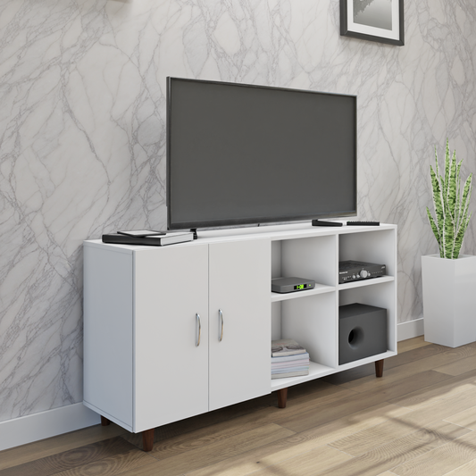 TV Unit | 2 Door, Open Shelves | Single Color TV & Entertainment Unit VIKI FURNITURE Frosty White