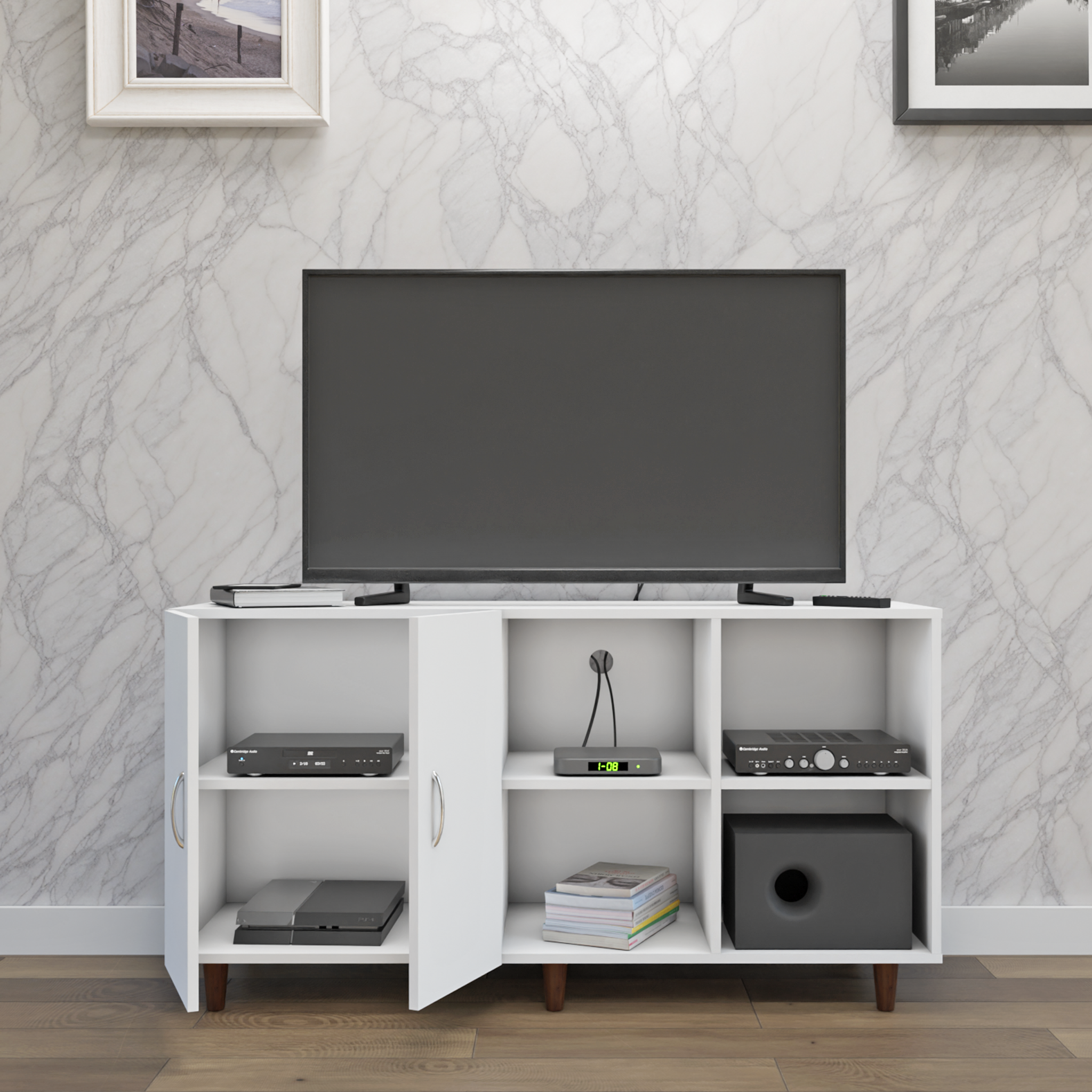 TV Unit | 2 Door, Open Shelves | Single Color TV & Entertainment Unit VIKI FURNITURE