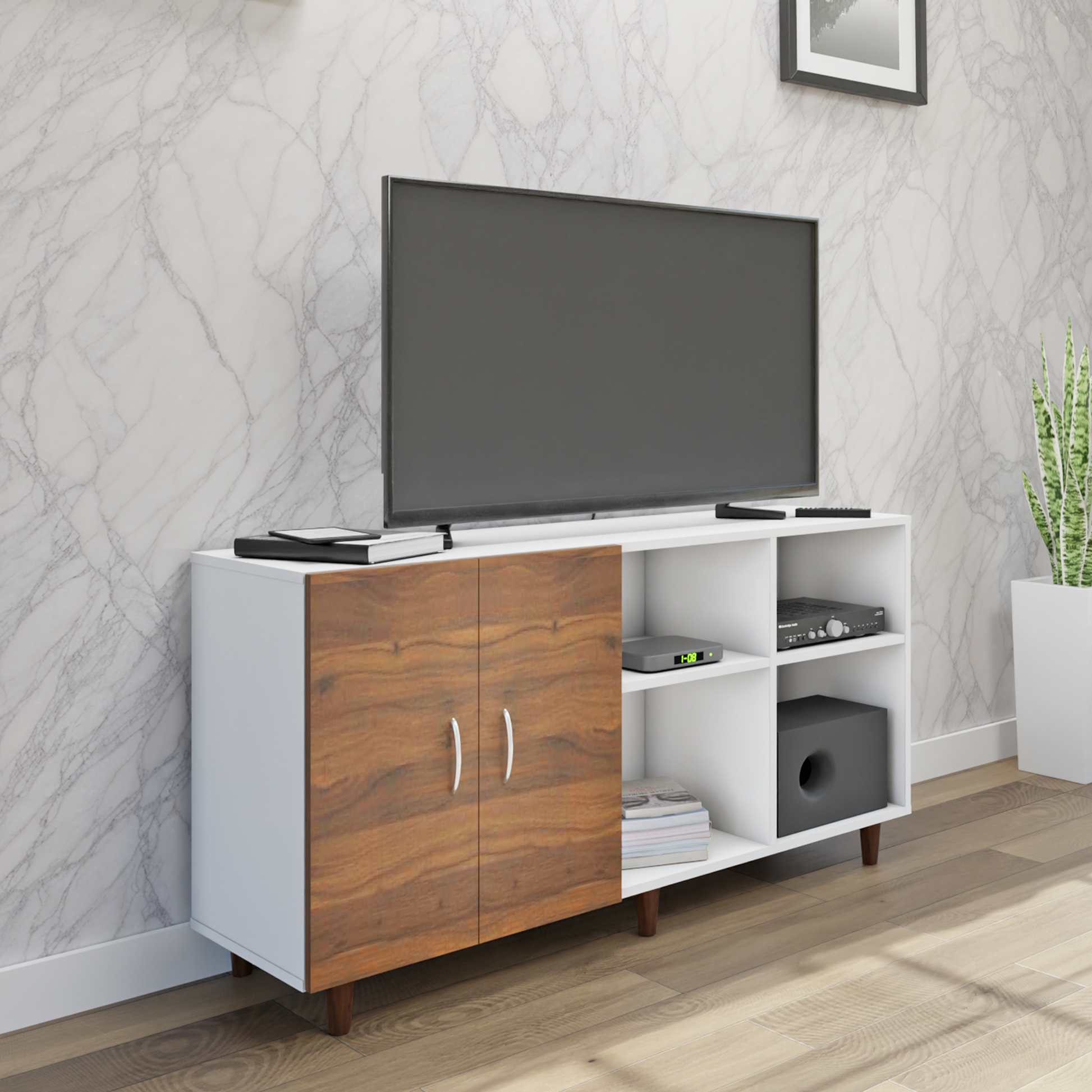 TV Unit | 2 Door, Open Shelves | Dual Color TV & Entertainment Unit VIKI FURNITURE Frosty White with Brussel Walnut