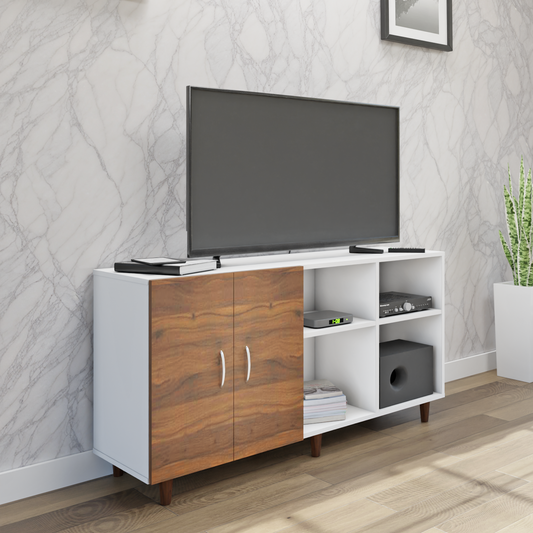 TV Unit | 2 Door, Open Shelves | Dual Color TV & Entertainment Unit VIKI FURNITURE Frosty White with Brussel Walnut