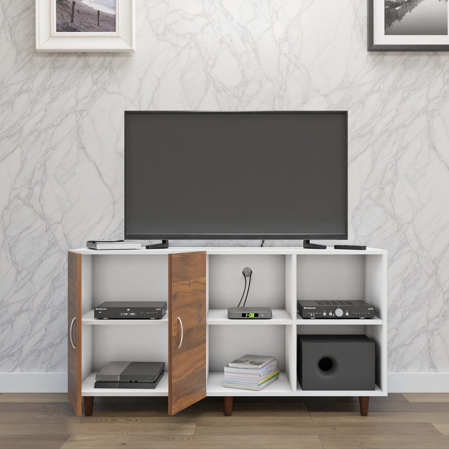 TV Unit | 2 Door, Open Shelves | Dual Color TV & Entertainment Unit VIKI FURNITURE