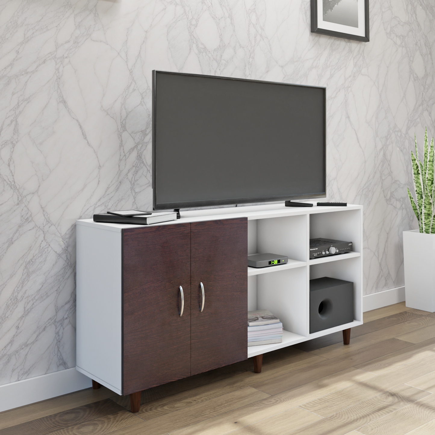 TV Unit | 2 Door, Open Shelves | Dual Color TV & Entertainment Unit VIKI FURNITURE Frosty White with Dark Wenge