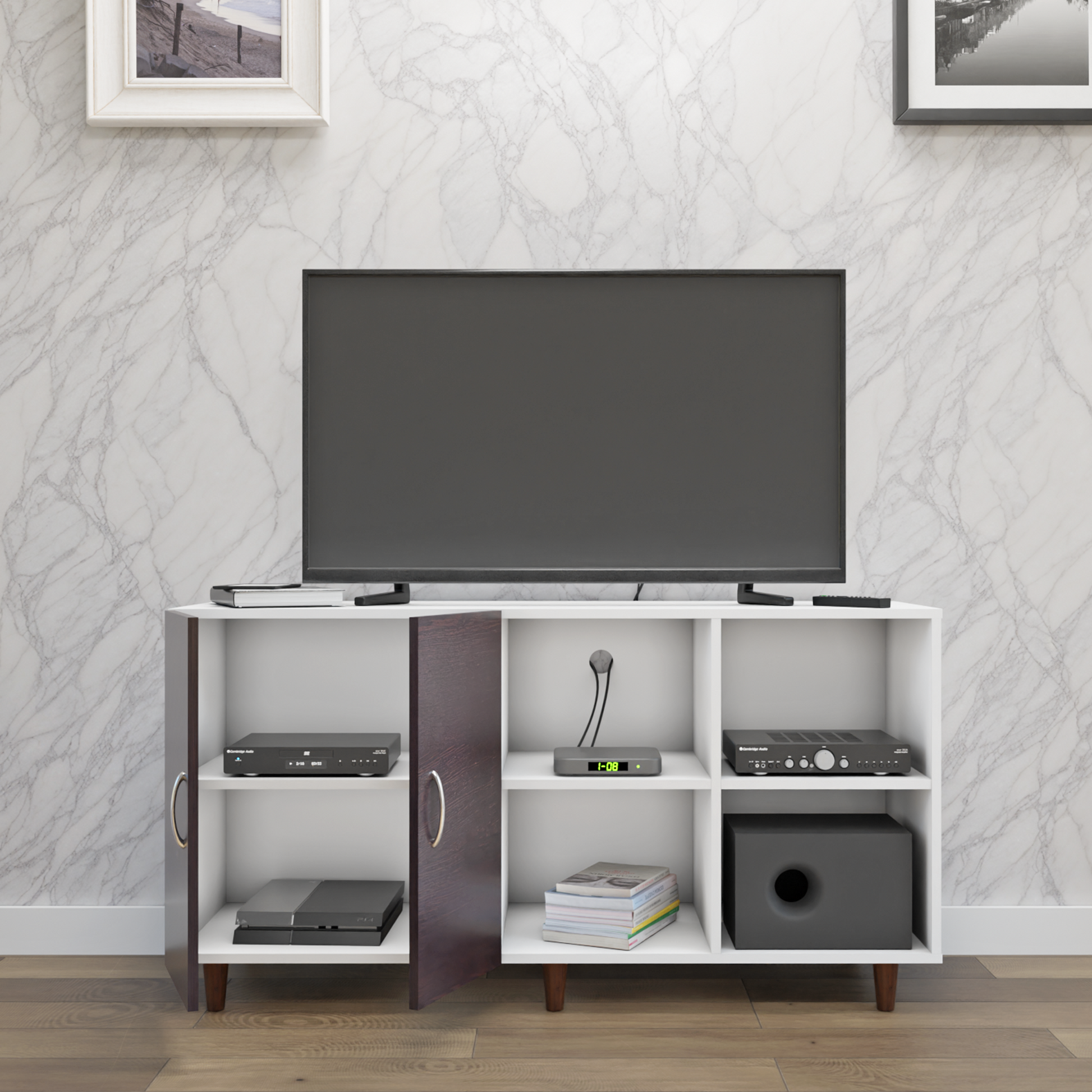 TV Unit | 2 Door, Open Shelves | Dual Color TV & Entertainment Unit VIKI FURNITURE
