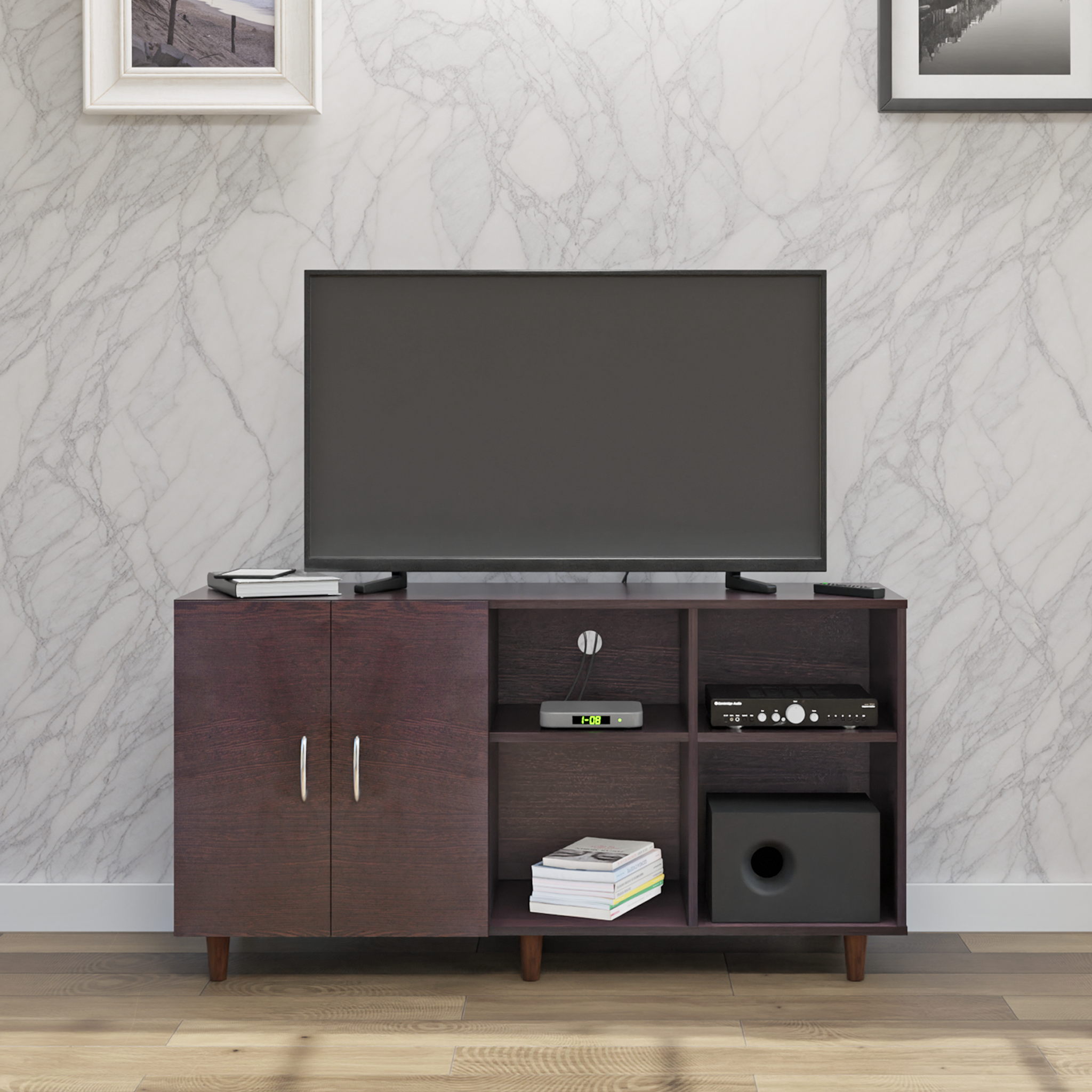 TV Unit | 2 Door, Open Shelves | Single Color TV & Entertainment Unit VIKI FURNITURE