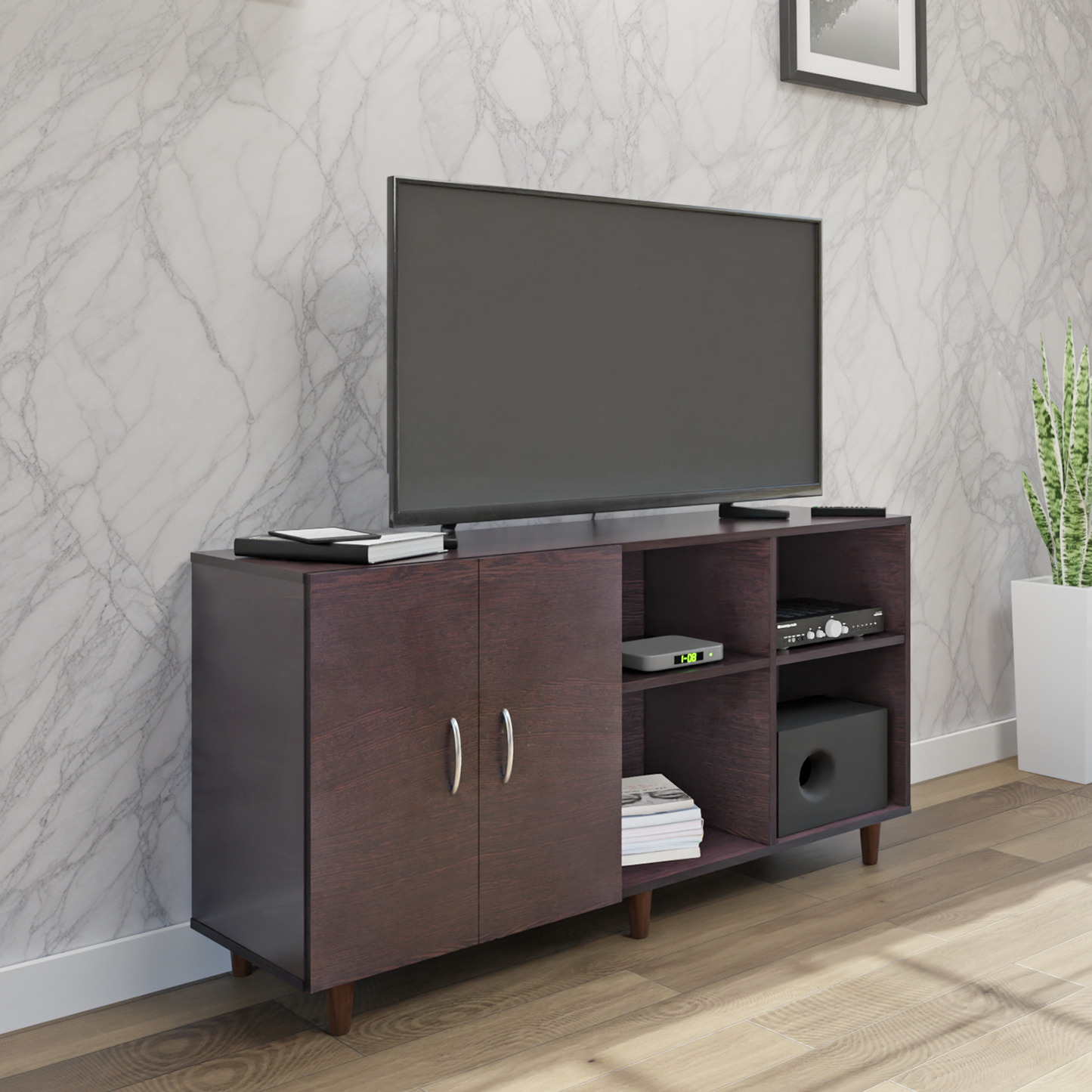 TV Unit | 2 Door, Open Shelves | Single Color TV & Entertainment Unit VIKI FURNITURE Dark Wenge