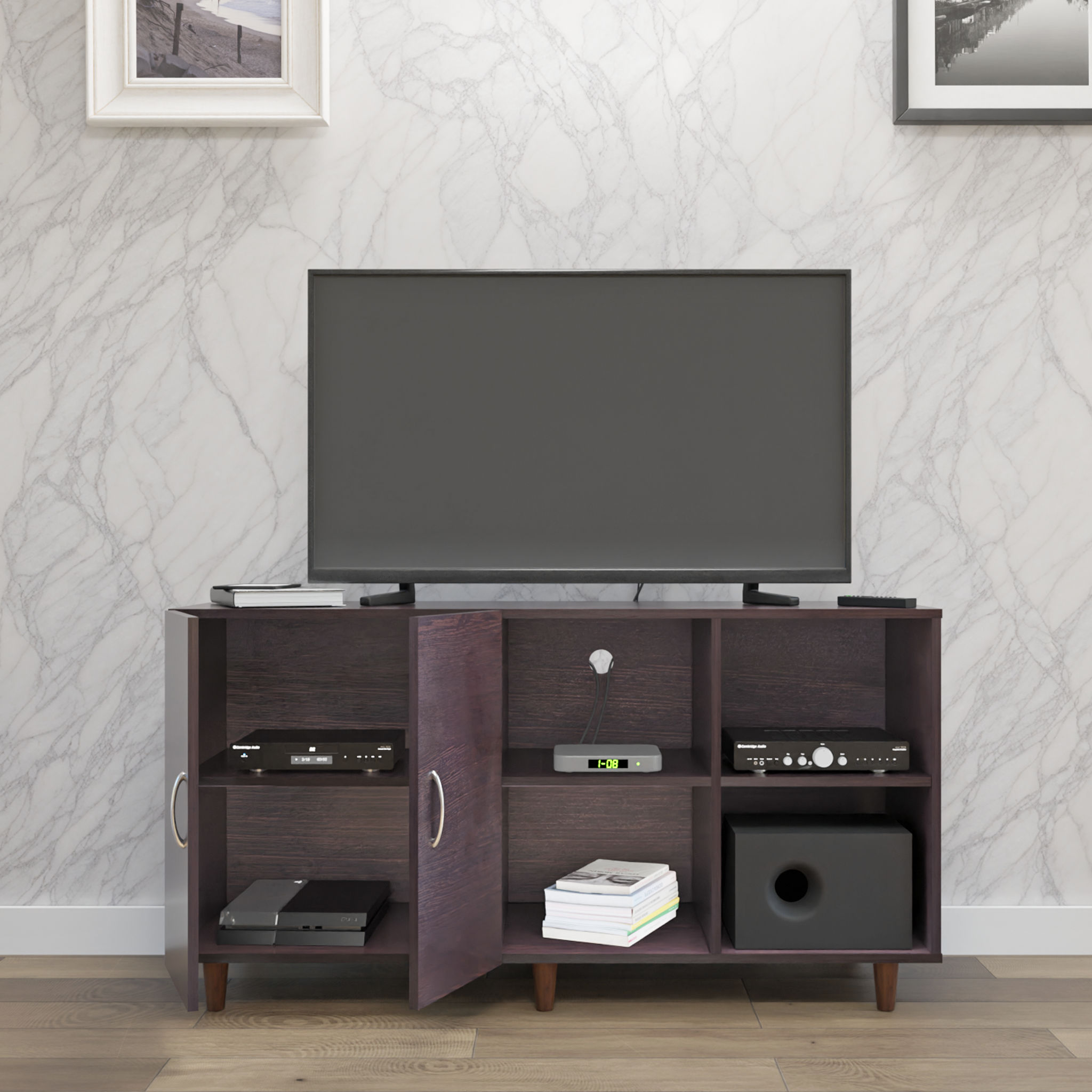 TV Unit | 2 Door, Open Shelves | Single Color TV & Entertainment Unit VIKI FURNITURE