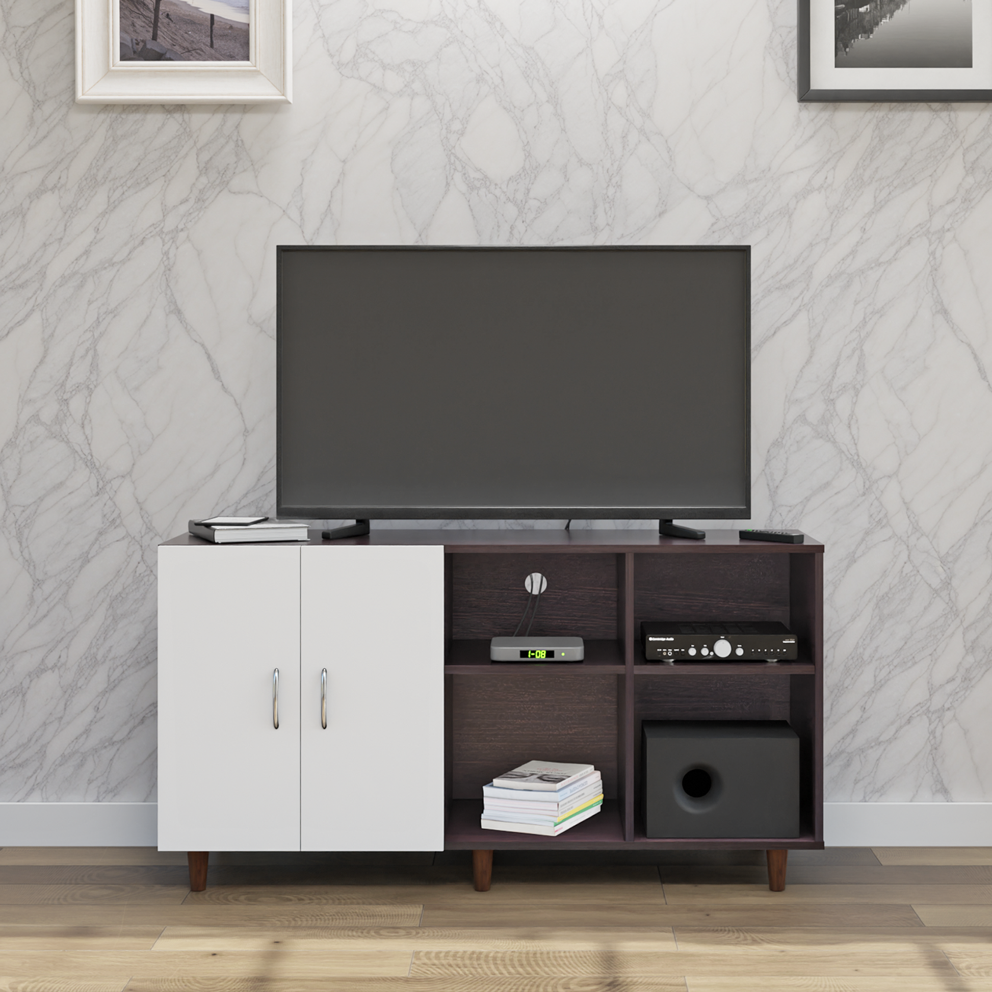 TV Unit | 2 Door, Open Shelves | Dual Color TV & Entertainment Unit VIKI FURNITURE