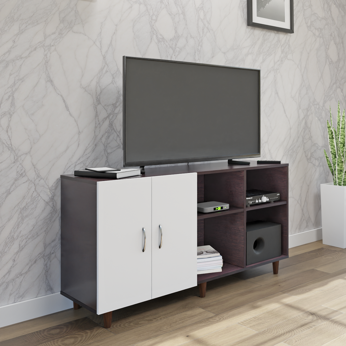 TV Unit | 2 Door, Open Shelves | Dual Color TV & Entertainment Unit VIKI FURNITURE Dark Wenge with Frosty White