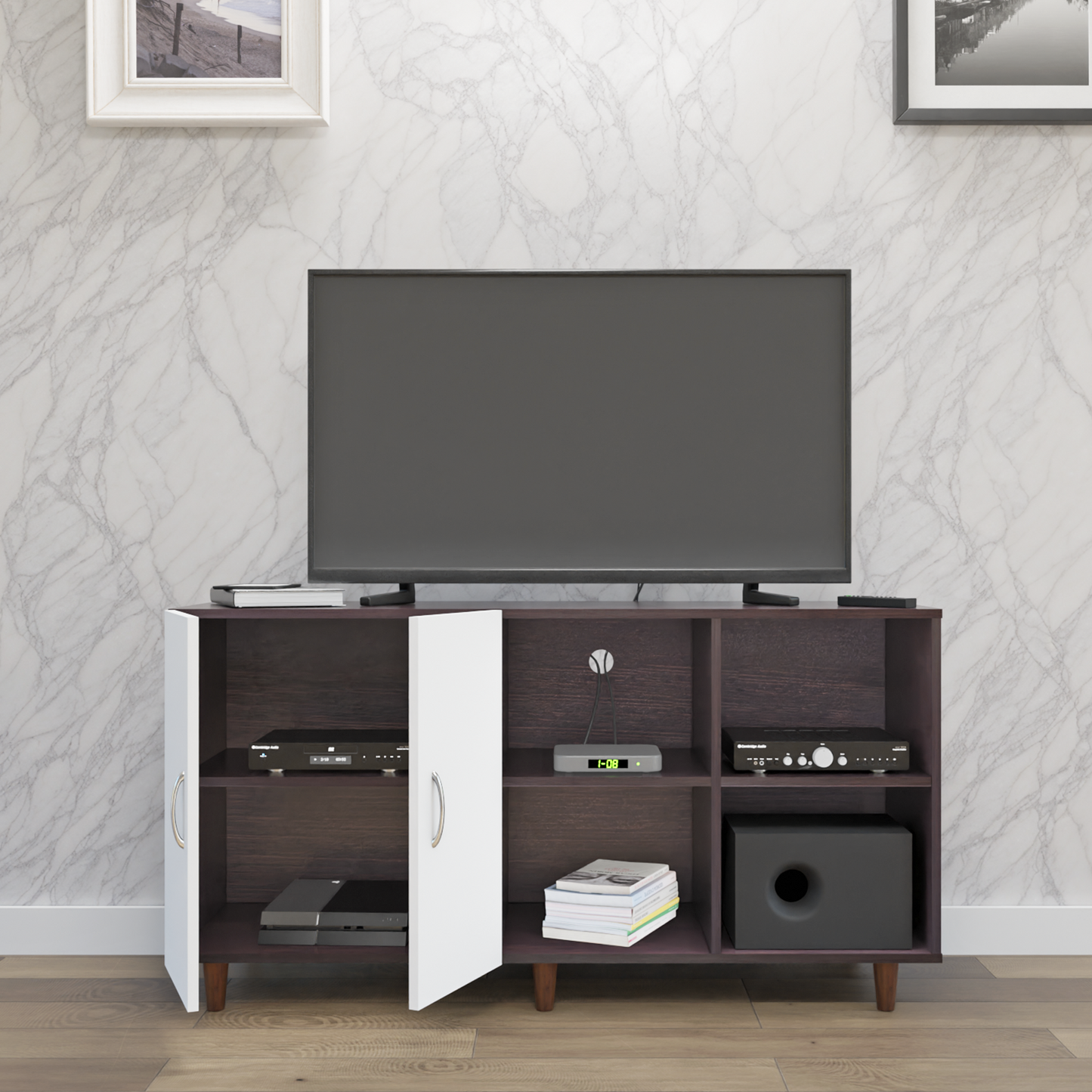 TV Unit | 2 Door, Open Shelves | Dual Color TV & Entertainment Unit VIKI FURNITURE