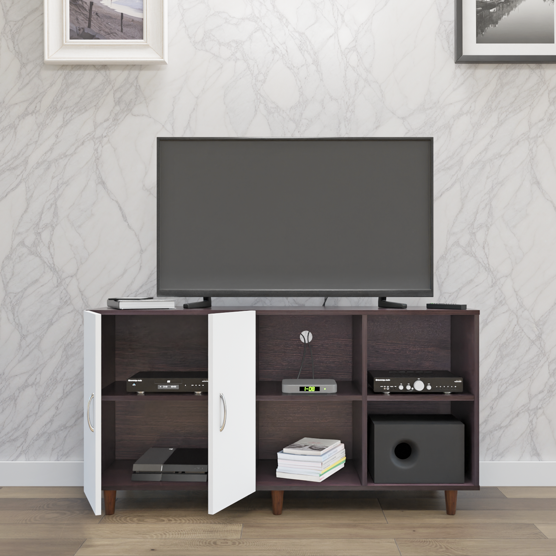 TV Unit | 2 Door, Open Shelves | Dual Color TV & Entertainment Unit VIKI FURNITURE