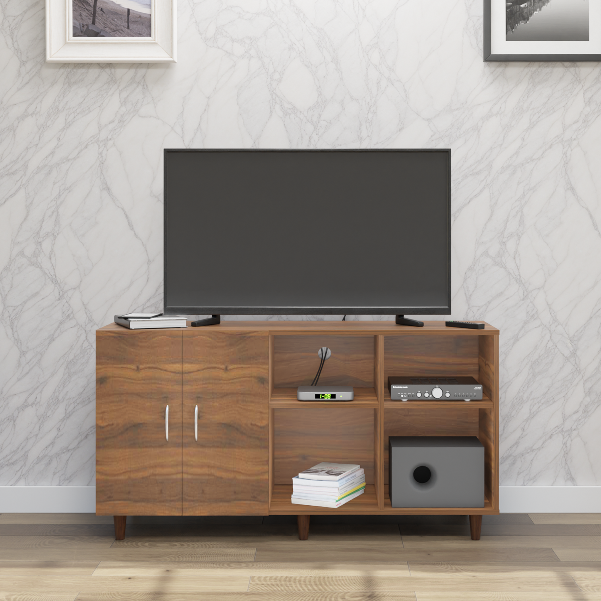 TV Unit | 2 Door, Open Shelves | Single Color TV & Entertainment Unit VIKI FURNITURE