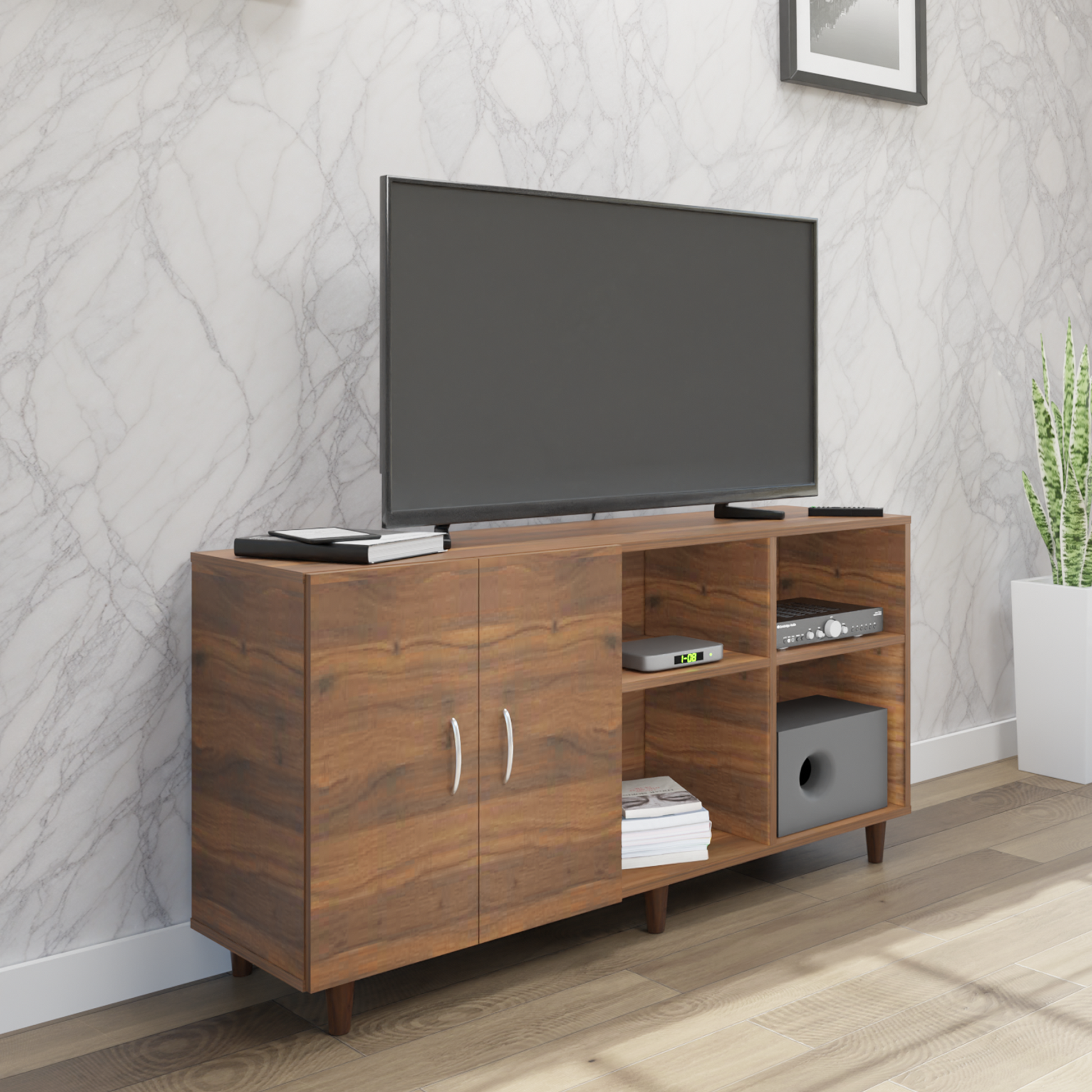 TV Unit | 2 Door, Open Shelves | Single Color TV & Entertainment Unit VIKI FURNITURE Walnut