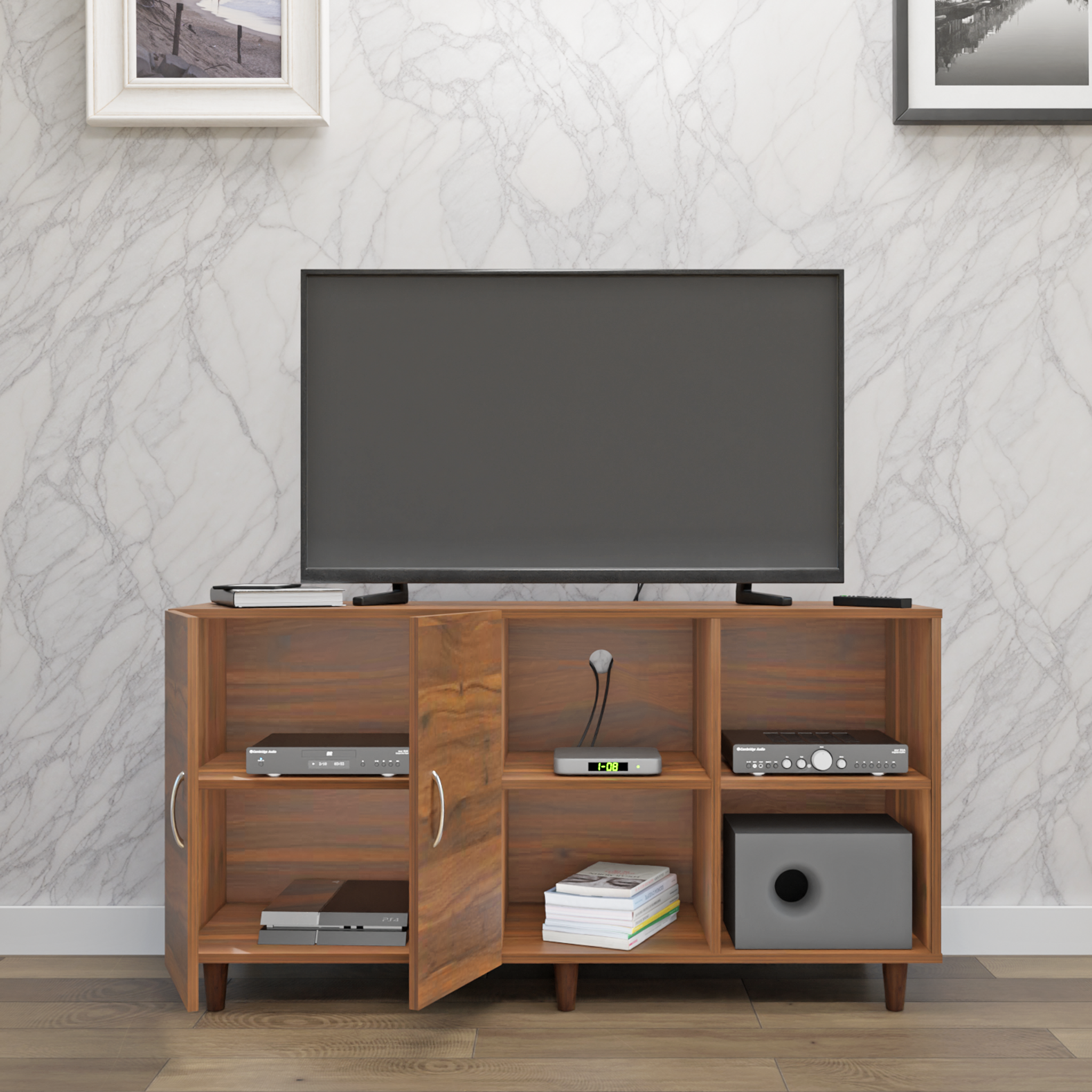 TV Unit | 2 Door, Open Shelves | Single Color TV & Entertainment Unit VIKI FURNITURE