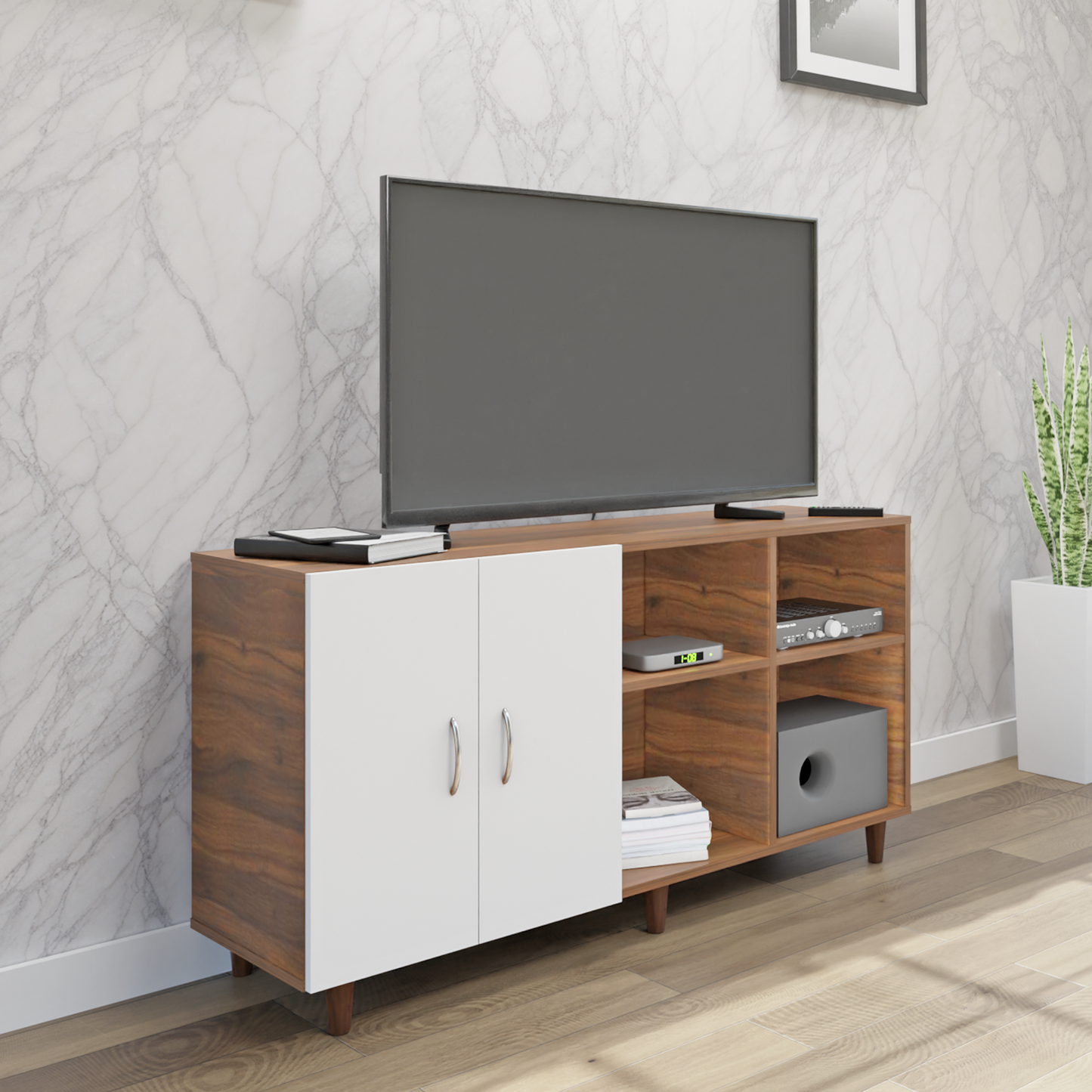 TV Unit | 2 Door, Open Shelves | Dual Color TV & Entertainment Unit VIKI FURNITURE Brussel Walnut with Frosty White