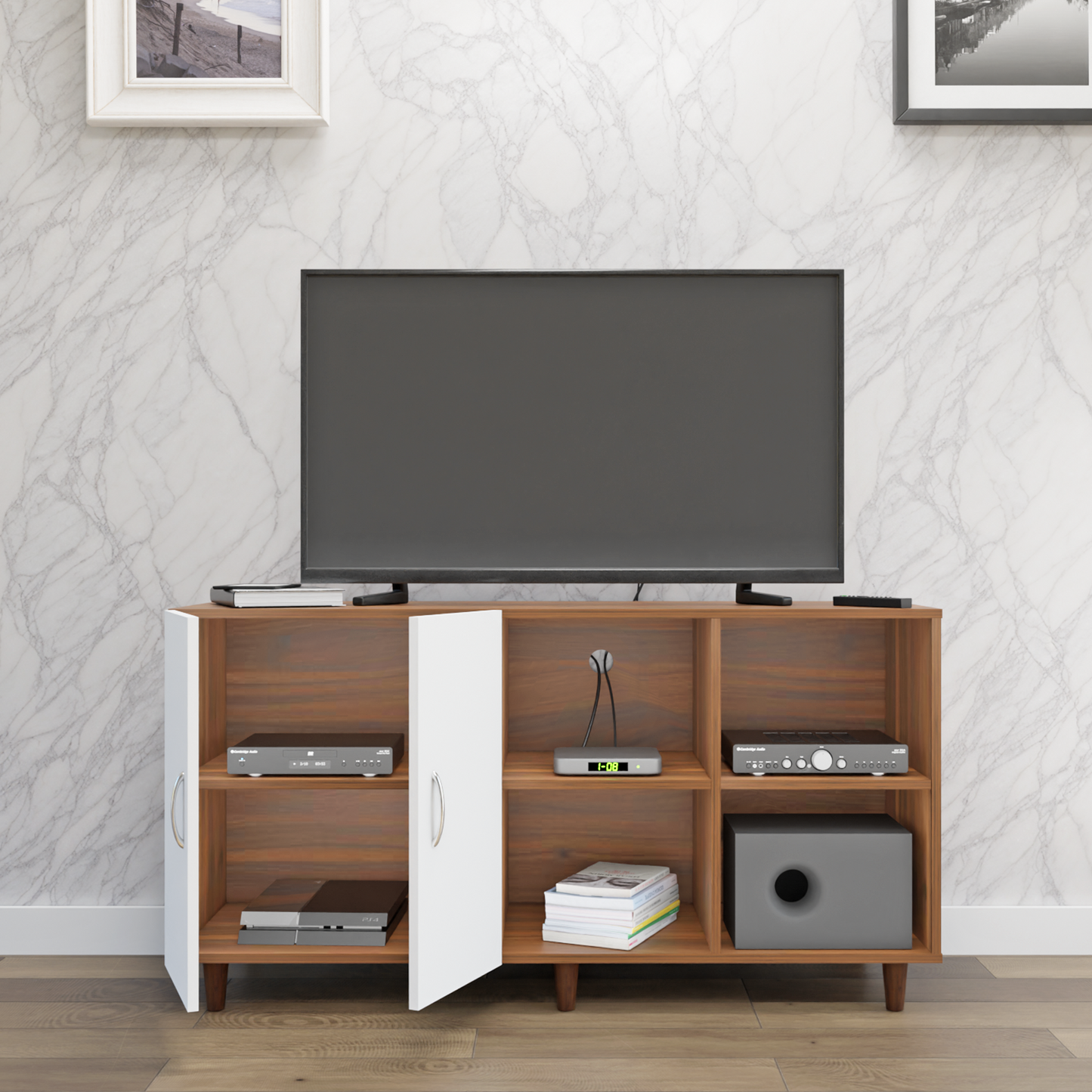 TV Unit | 2 Door, Open Shelves | Dual Color TV & Entertainment Unit VIKI FURNITURE