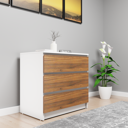 PARA | Chest of 3 Drawer, Frosty white, Brussel Walnut | Suede Finish Drawer Units VIKI FURNITURE Frosty White & Brussel Walnut  