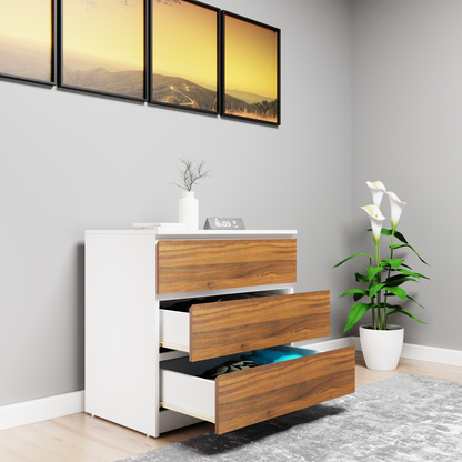 PARA | Chest of 3 Drawer, Frosty white, Brussel Walnut | Suede Finish Drawer Units VIKI FURNITURE   