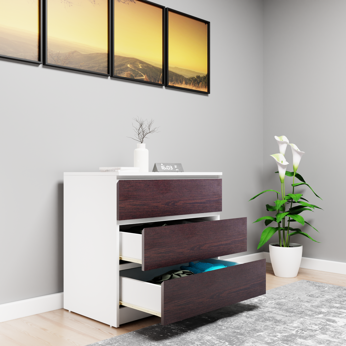 PARA | Chest of 3 Drawer, Frosty white, Dark Wenge | Suede Finish Drawer Units VIKI FURNITURE   