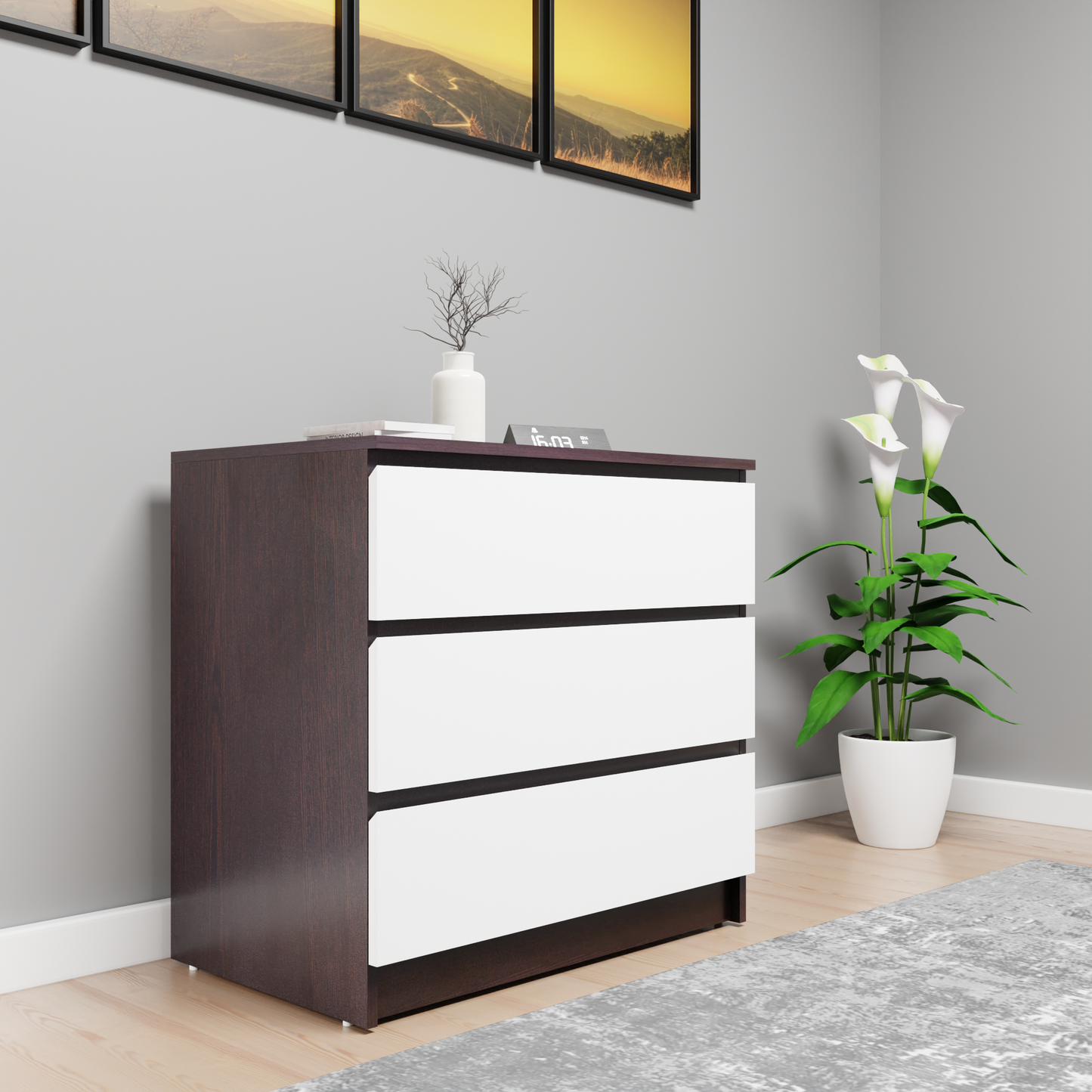 PARA | Chest of 3 Drawer, Dark Wenge, Frosty White | Suede Finish Drawer Units VIKI FURNITURE Dark Wenge & Frosty White  