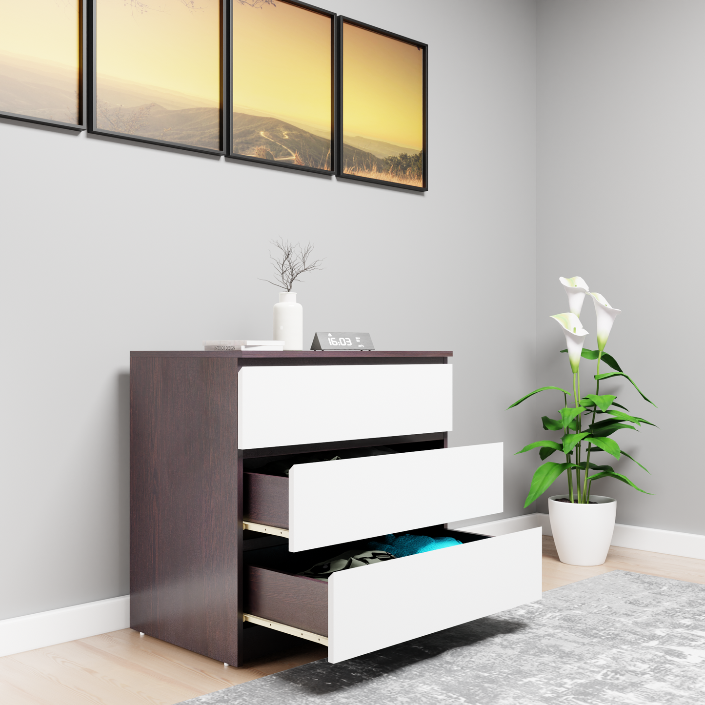 PARA | Chest of 3 Drawer, Dark Wenge, Frosty White | Suede Finish Drawer Units VIKI FURNITURE   