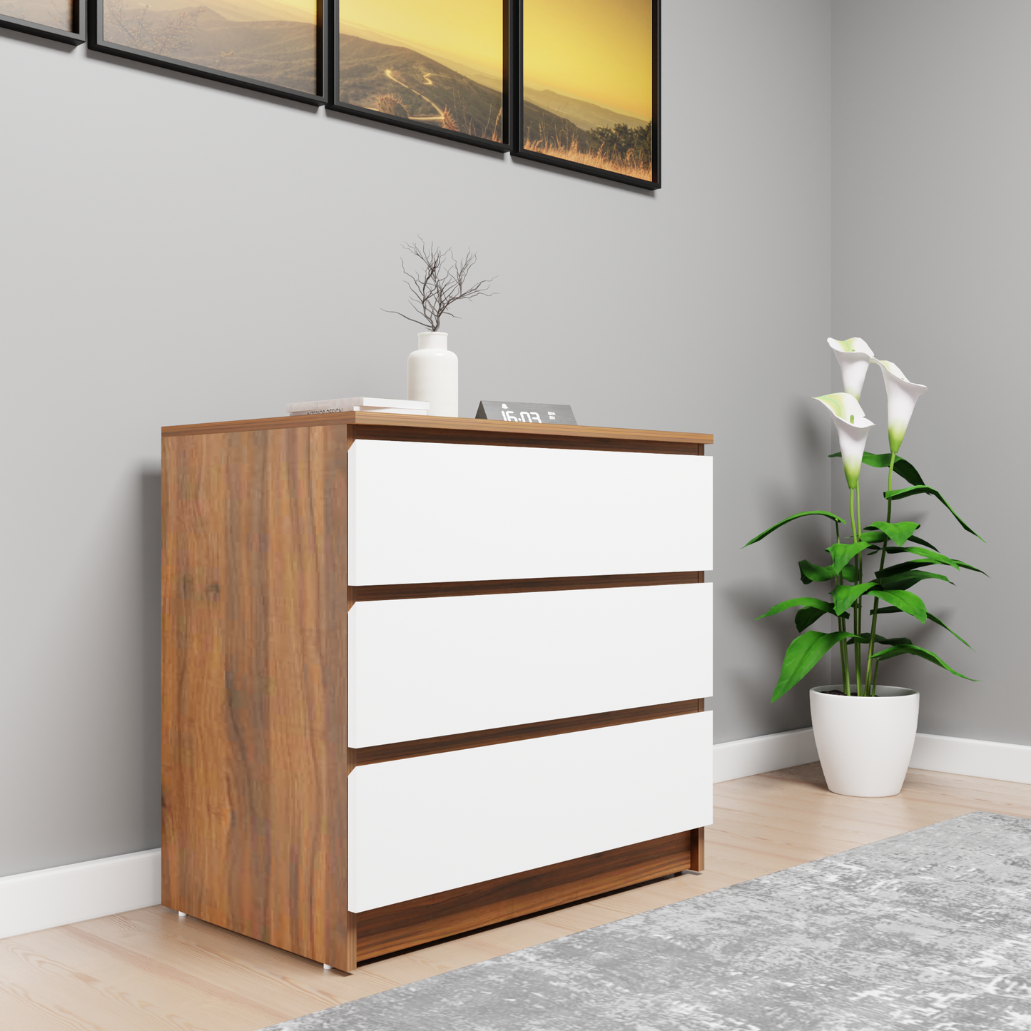 PARA | Chest of 3 Drawer, Brussel Walnut, Frosty white | Suede Finish Drawer Units VIKI FURNITURE Brussel Walnut & Frosty White  