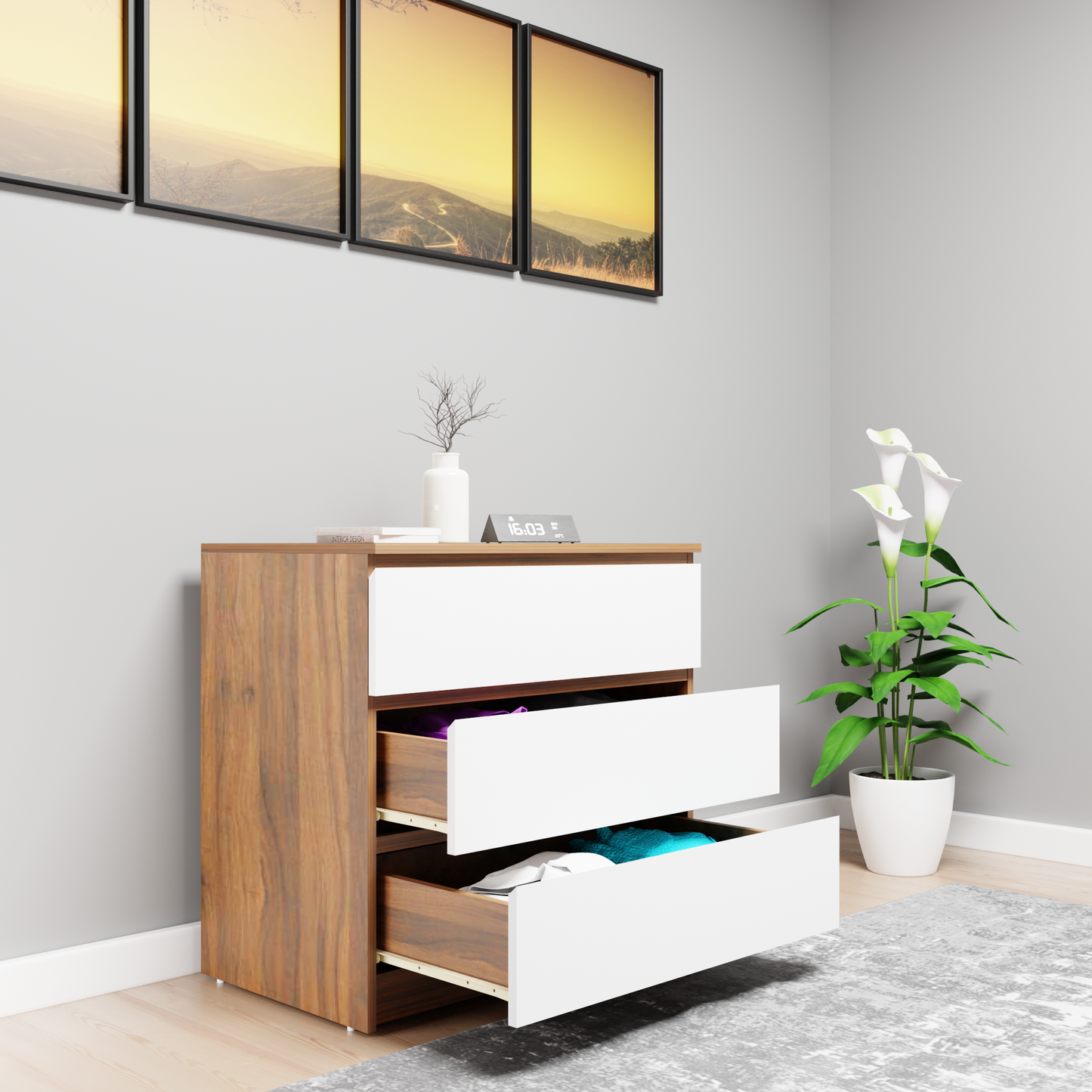 PARA | Chest of 3 Drawer, Brussel Walnut, Frosty white | Suede Finish Drawer Units VIKI FURNITURE   