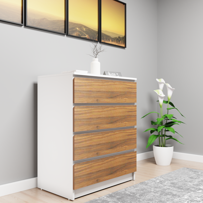 PARA | Chest of 4 Drawer, Frosty white, Brussel Walnut | Suede Finish Drawer Units VIKI FURNITURE Frosty White & Brussel Walnut  