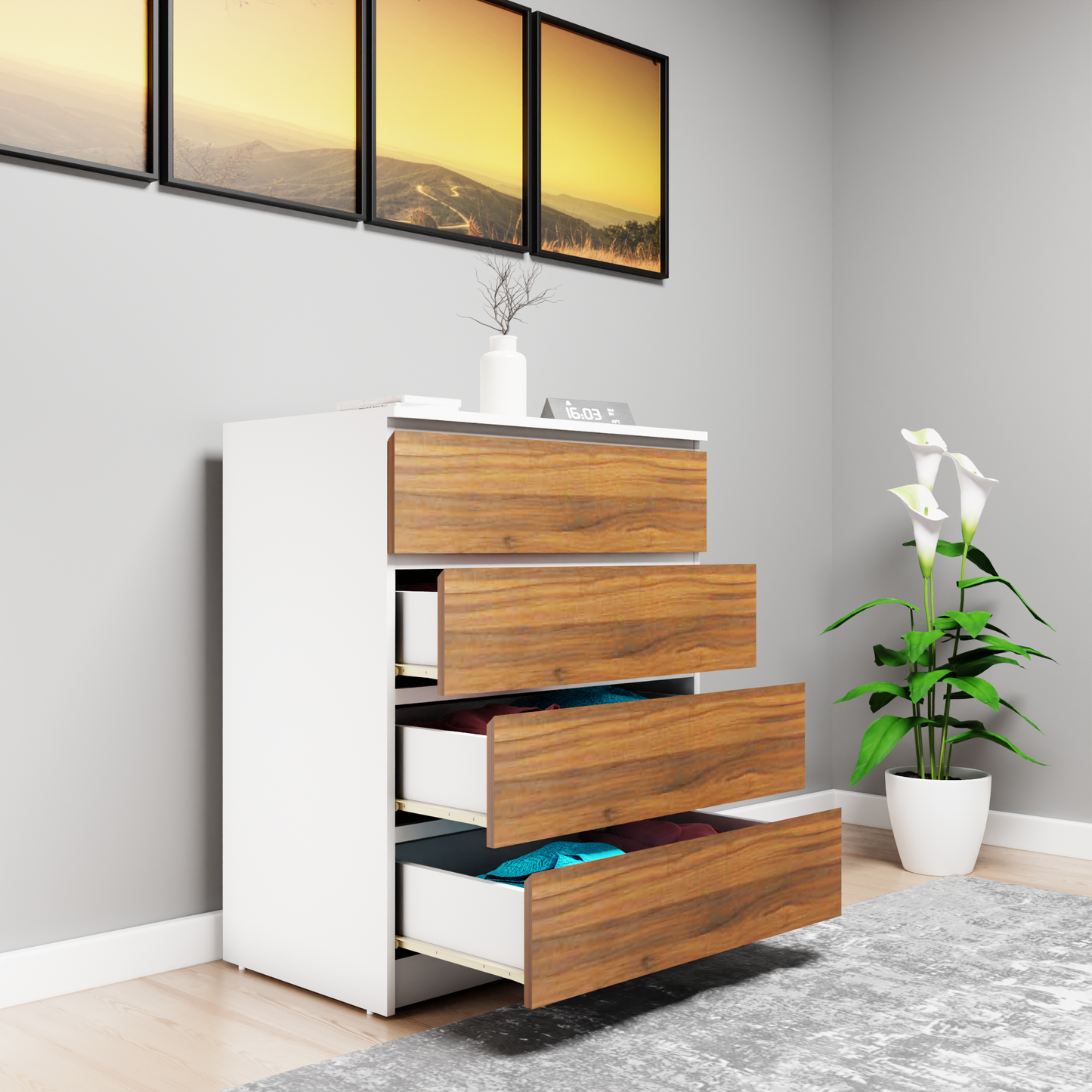 PARA | Chest of 4 Drawer, Frosty white, Brussel Walnut | Suede Finish Drawer Units VIKI FURNITURE   