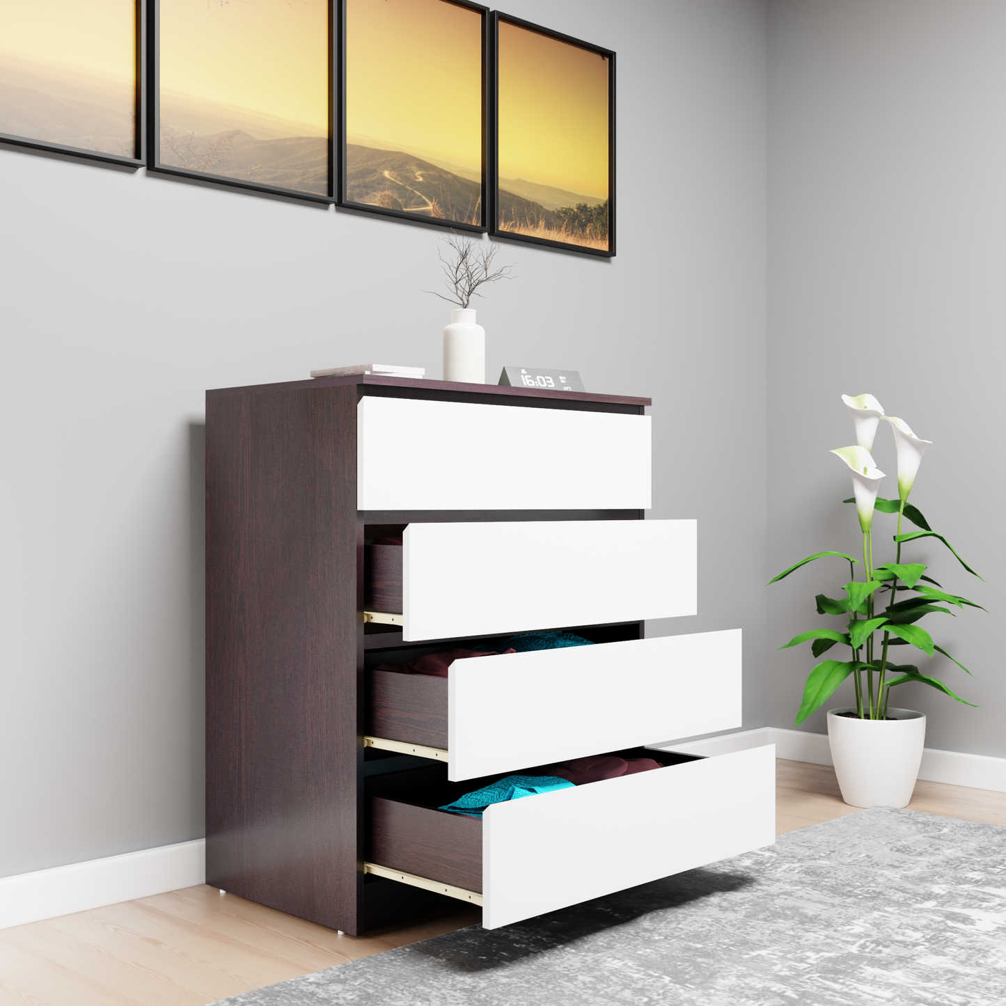 PARA | Chest of 4 Drawer, Dark Wenge, Frosty White | Suede Finish Drawer Units VIKI FURNITURE   