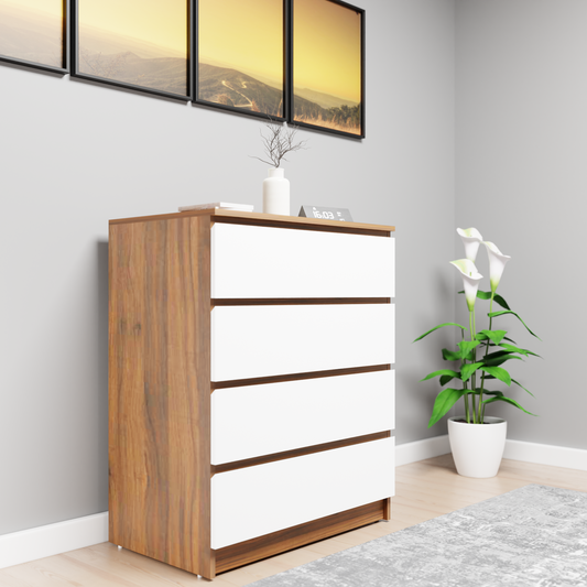 PARA | Chest of 4 Drawer, Brussel Walnut, Frosty white | Suede Finish Drawer Units VIKI FURNITURE Brussel Walnut & Frosty White  