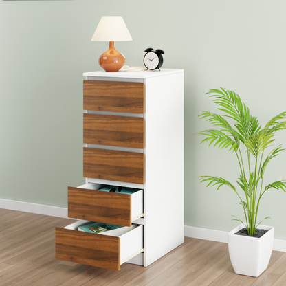 PARA | Chest of 5 Drawer, Frosty white, Brussel Walnut | Suede Finish Drawer Units VIKI FURNITURE   