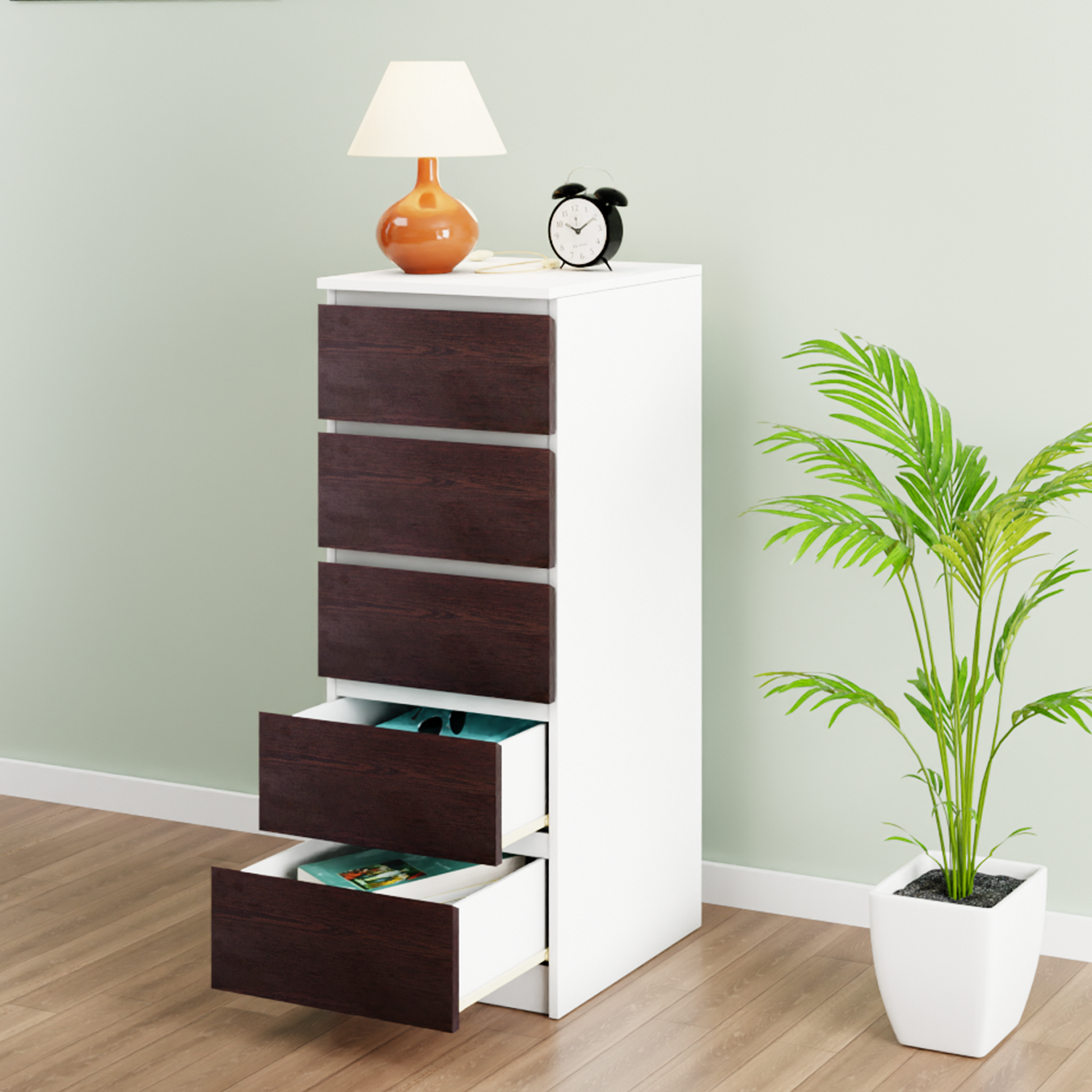 PARA | Chest of 5 Drawer, Frosty white, Dark Wenge | Suede Finish Drawer Units VIKI FURNITURE   