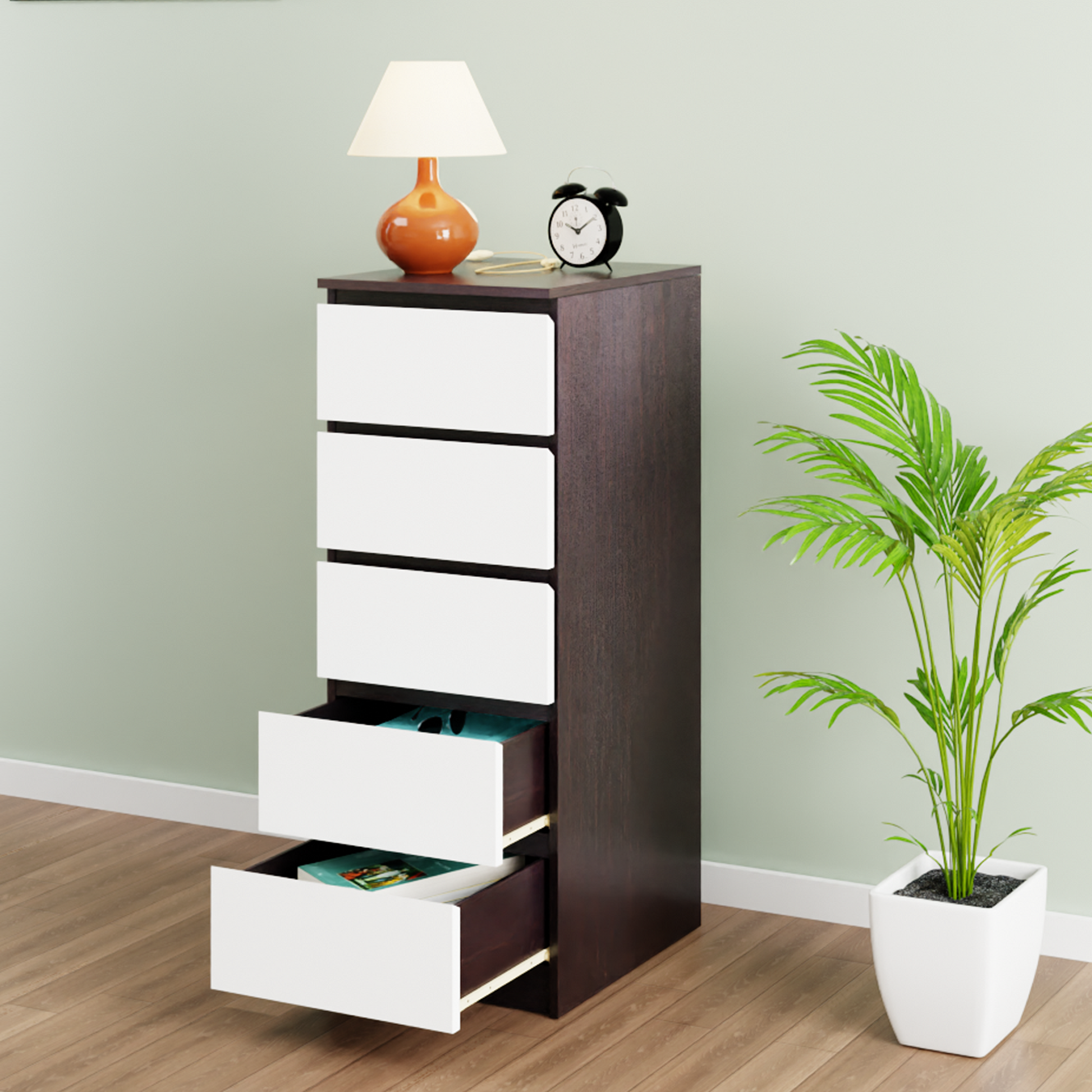 PARA | Chest of 5 Drawer, Dark Wenge, Frosty White | Suede Finish Drawer Units VIKI FURNITURE   