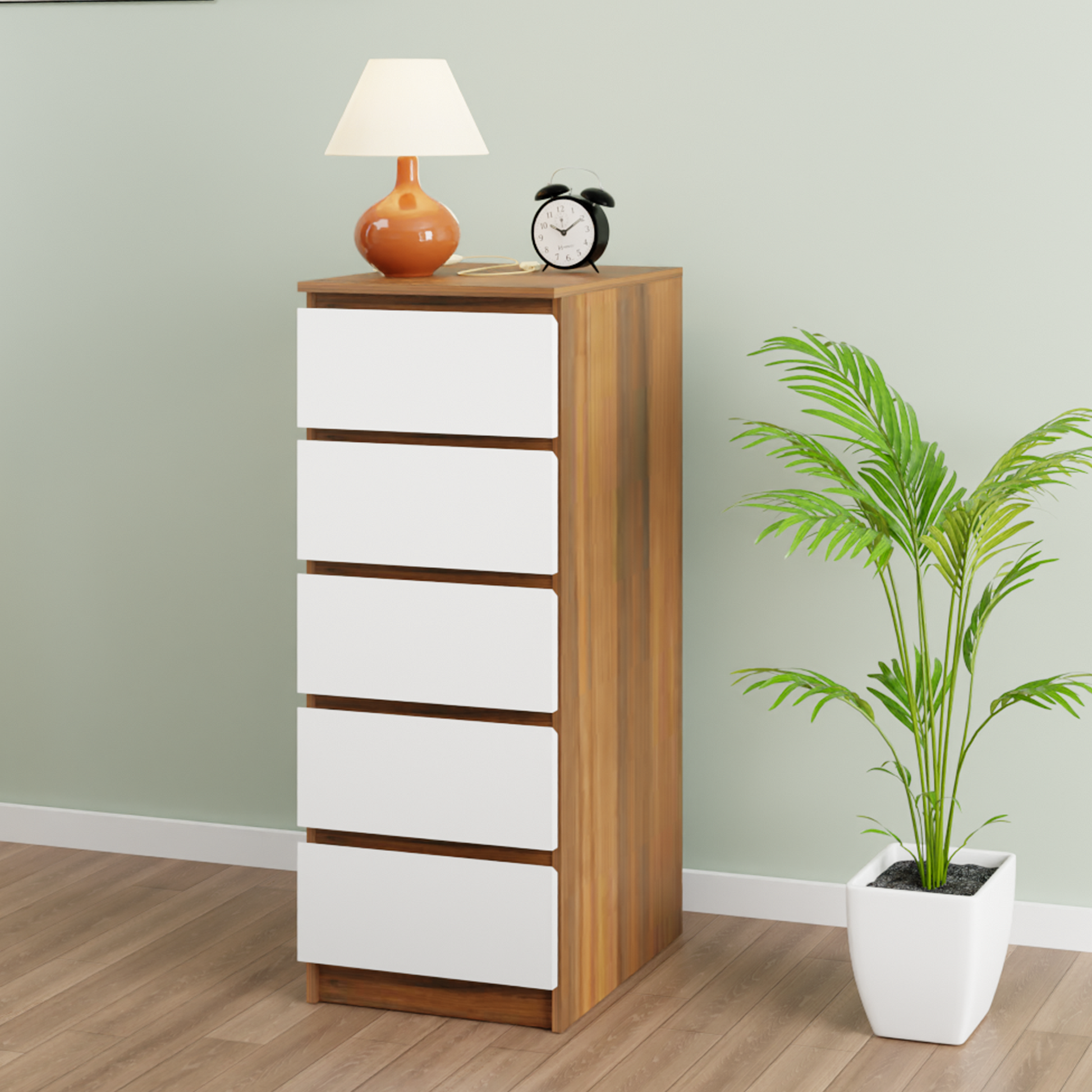 PARA | Chest of 5 Drawer, Brussel Walnut, Frosty white | Suede Finish Drawer Units VIKI FURNITURE Brussel Walnut & Frosty White  