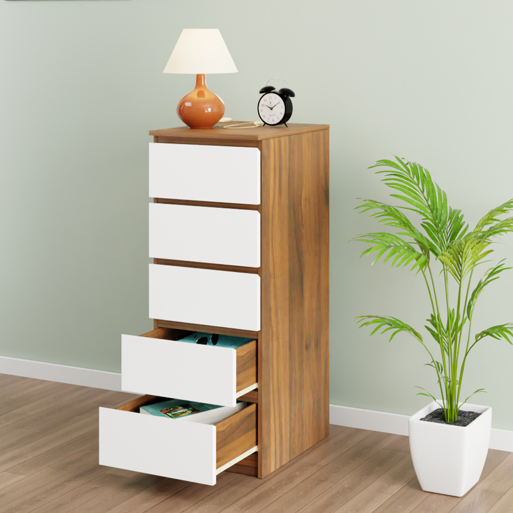 PARA | Chest of 5 Drawer, Brussel Walnut, Frosty white | Suede Finish Drawer Units VIKI FURNITURE   