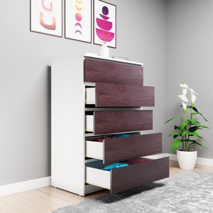 PARA | Chest of 5 Drawer, Frosty white, Dark Wenge | Suede Finish Drawer Units VIKI FURNITURE   