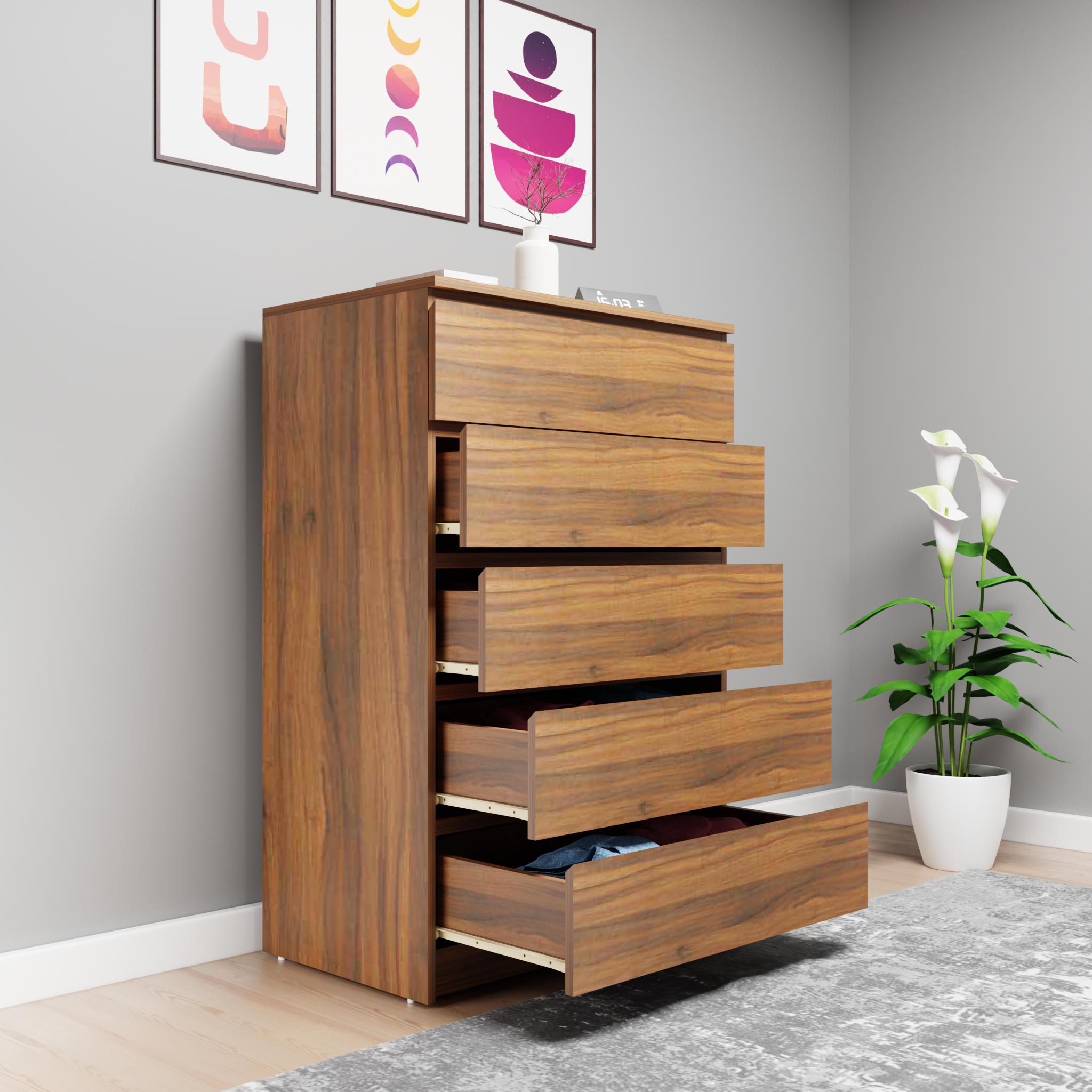 PARA | Chest of 5 Drawer | Suede Finish Drawer Units VIKI FURNITURE