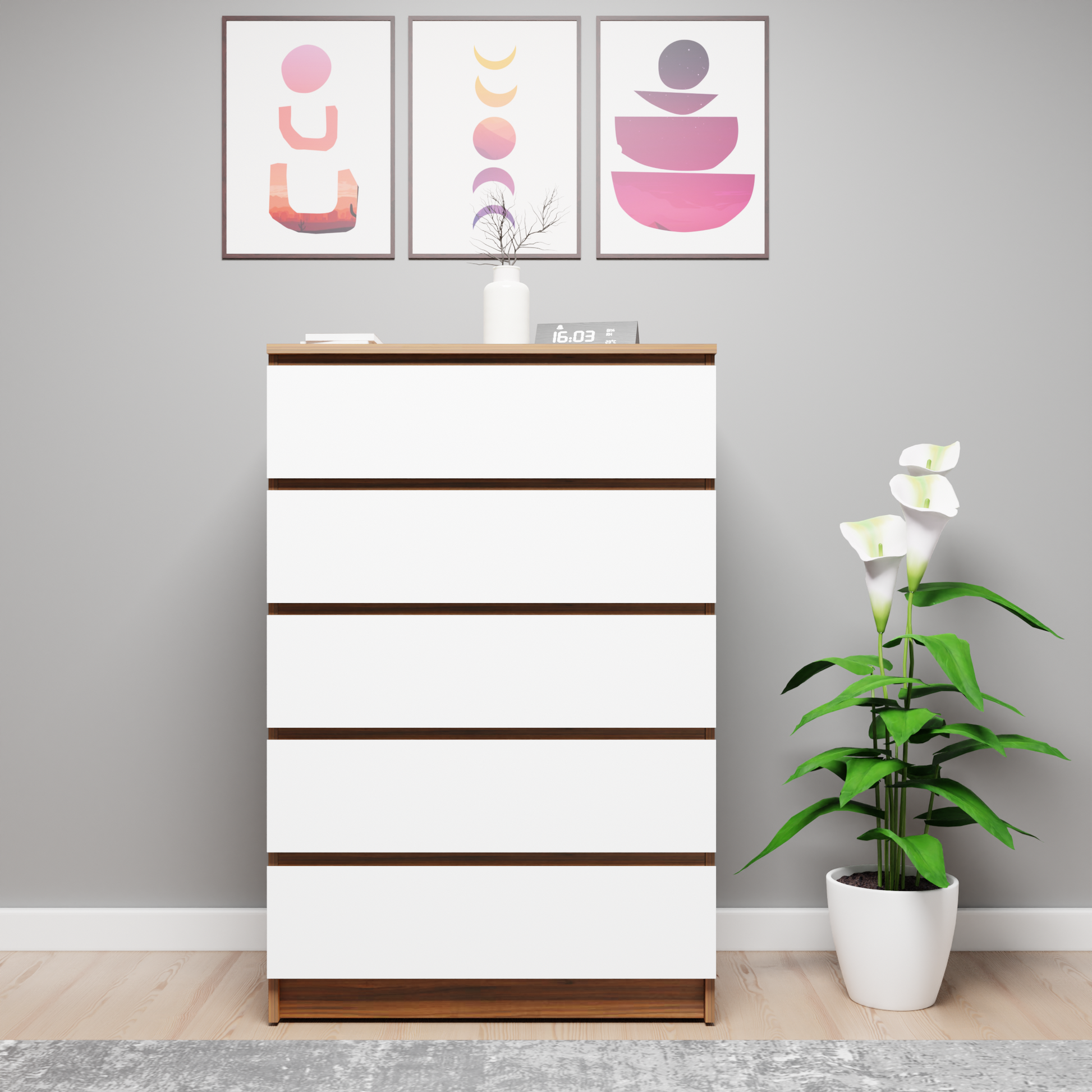 PARA | Chest of 5 Drawer, Brussel Walnut, Frosty white | Suede Finish Drawer Units VIKI FURNITURE   